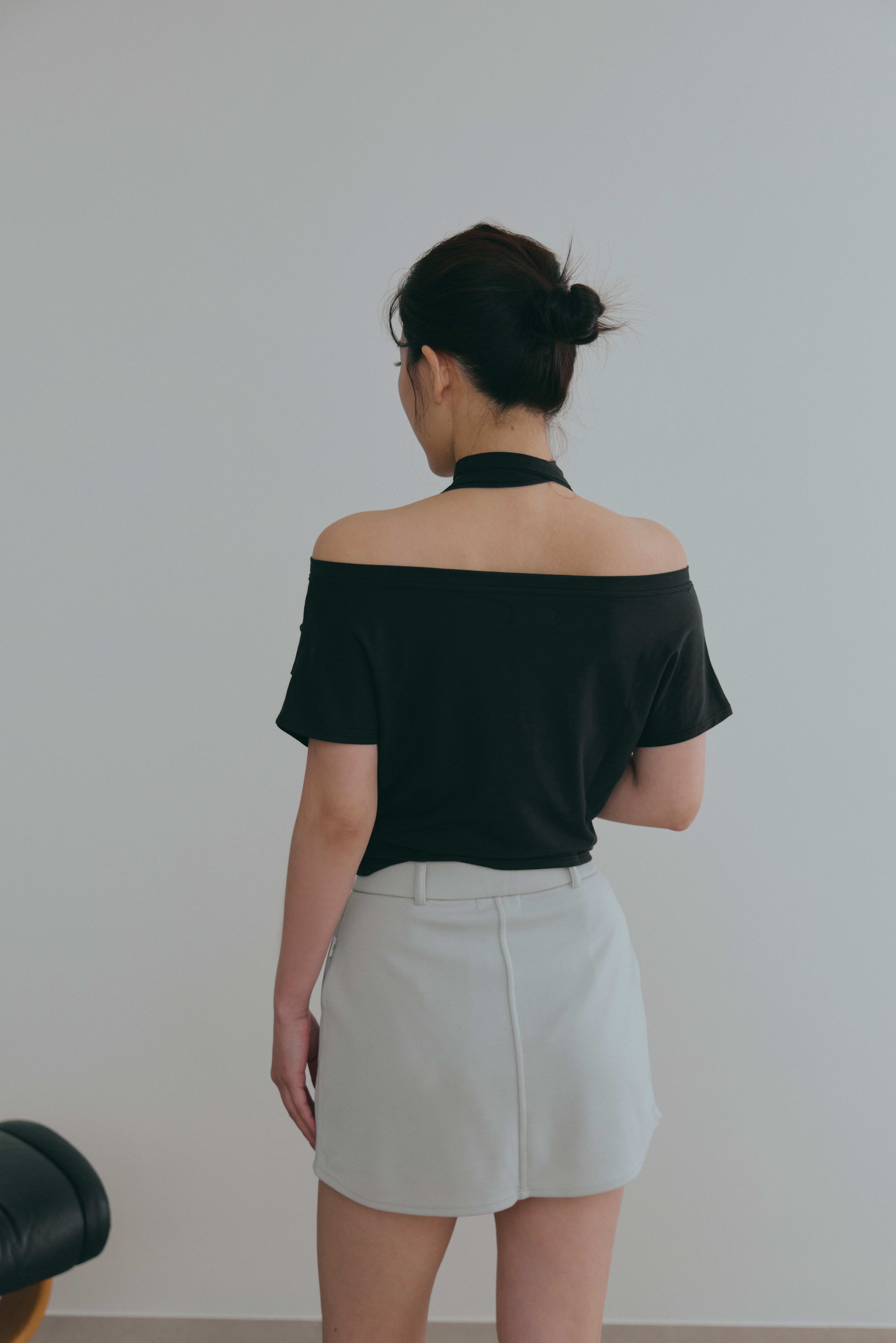 優雅平領上衣(附綁帶)- 黑