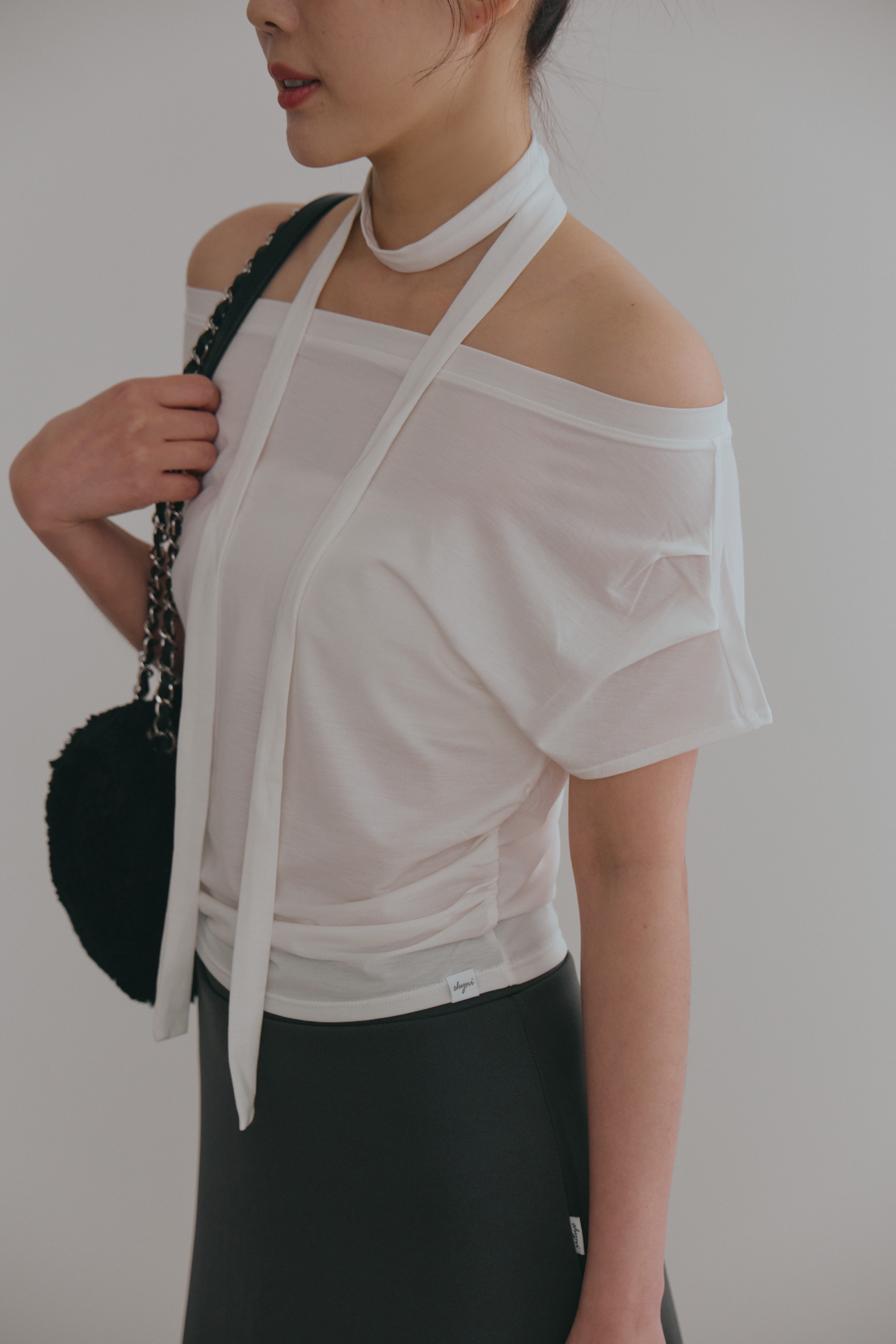 優雅平領上衣(附綁帶)- 白