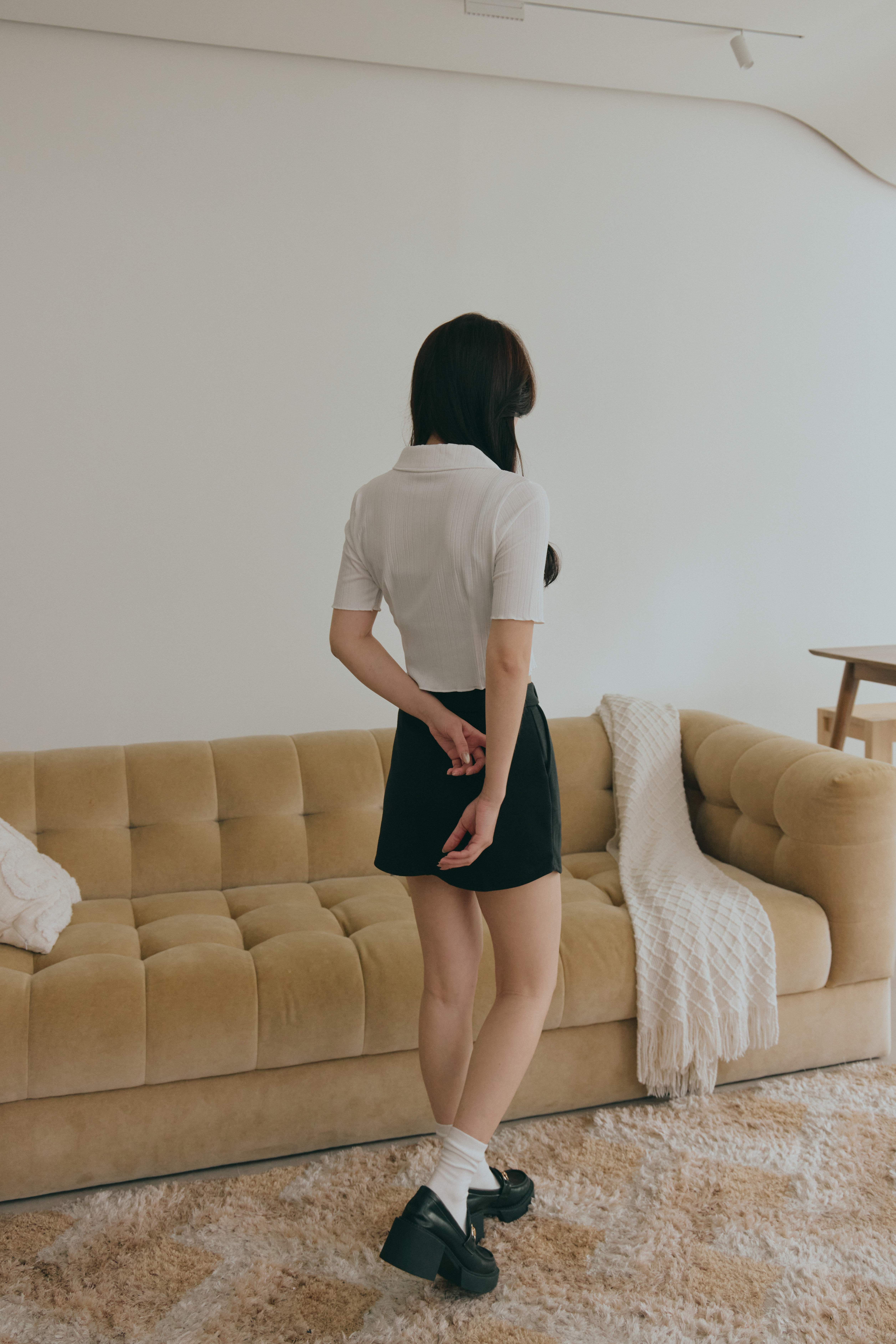 開領針織短版襯衫- 白