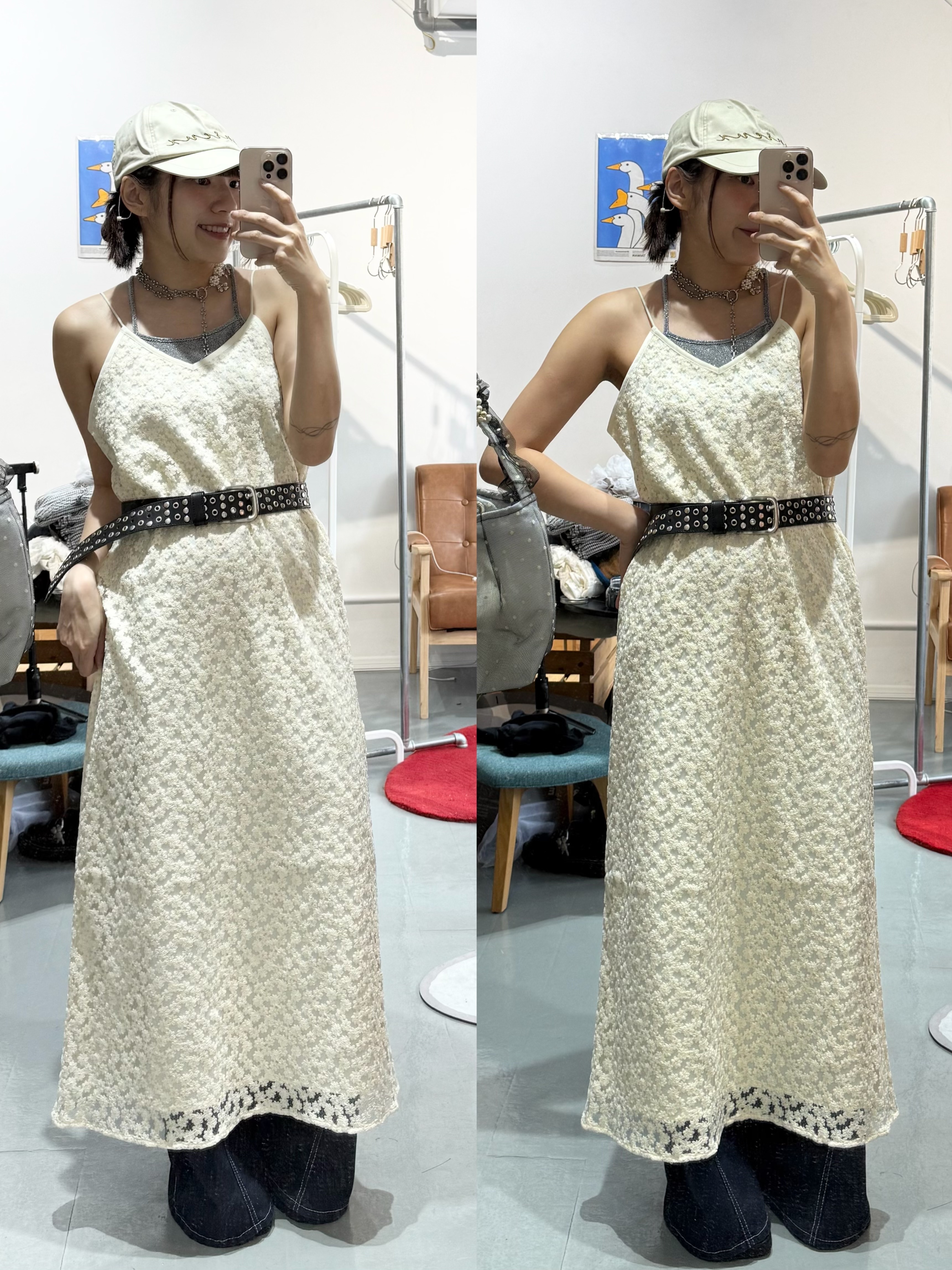 細花卉吊帶連身裙