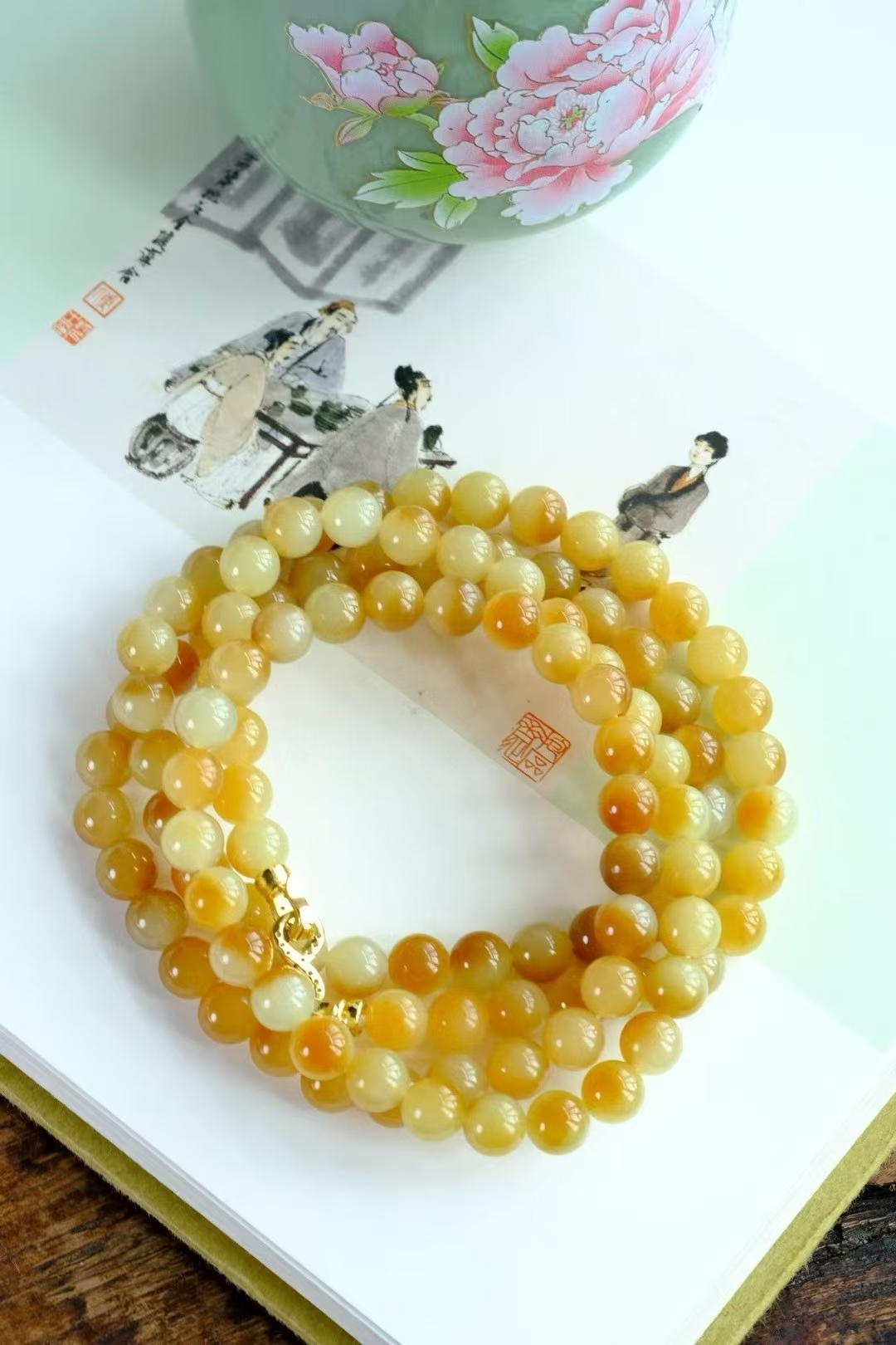 726718 和田玉糖黃珠串 (8mm直徑)