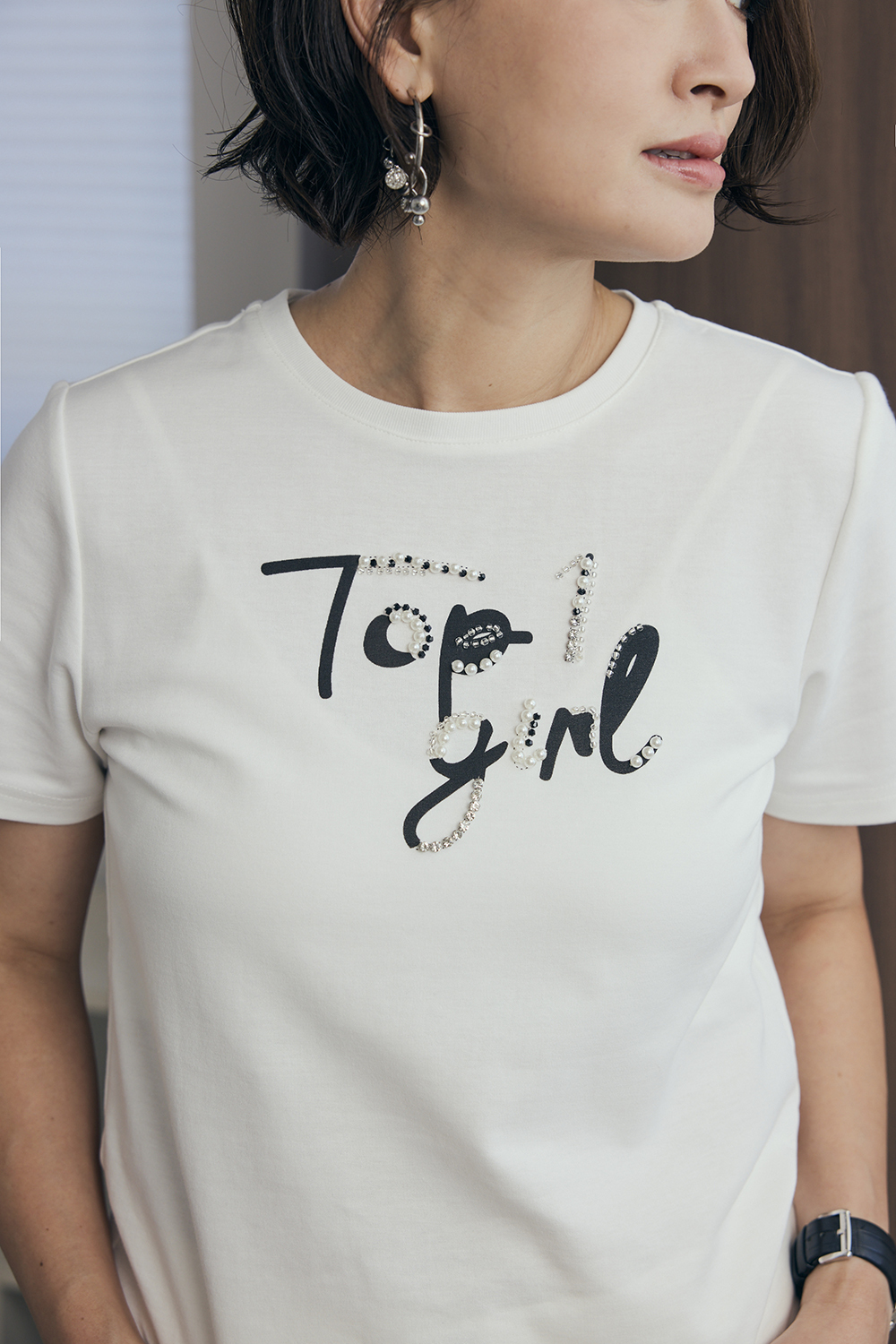 CH聯名系列-Top 1 Girl 亮鑽短袖T-白