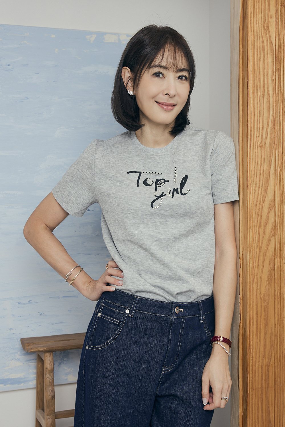 CH聯名系列-Top 1 Girl 亮鑽短袖T-灰