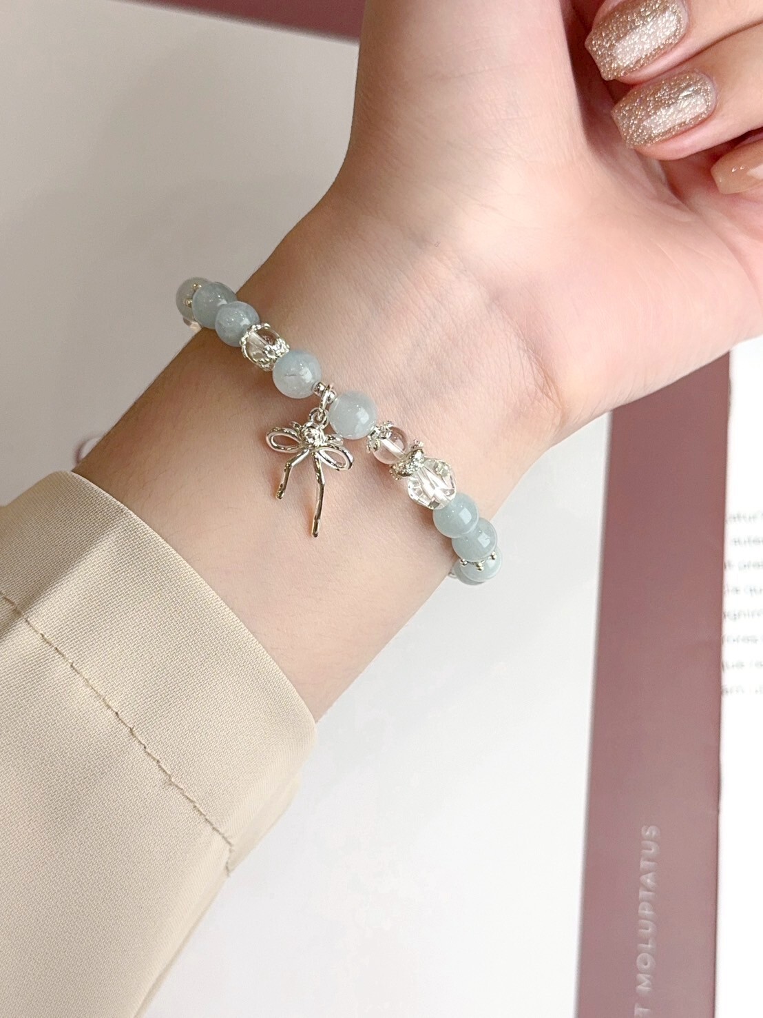 蝴蝶結海藍寶/粉晶/白水晶手鍊