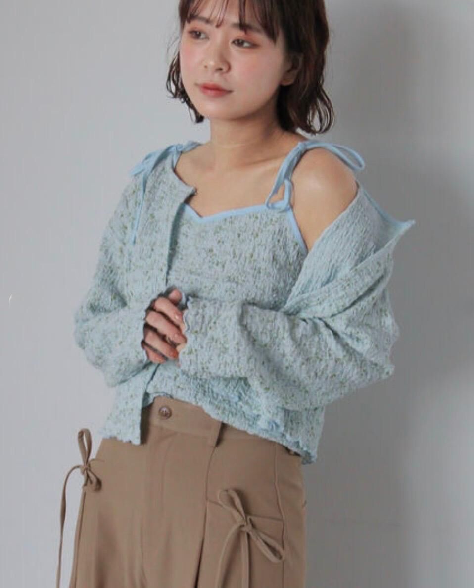 ｛Special Price｝淺藍色花柄開衫吊帶套裝【日本直送】