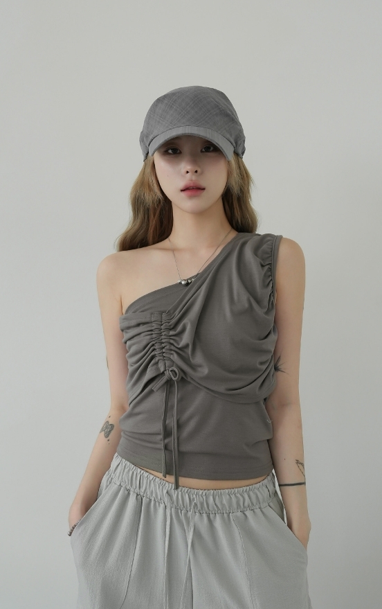 韓國 典雅 層次 抓皺 斜肩 修身 上衣