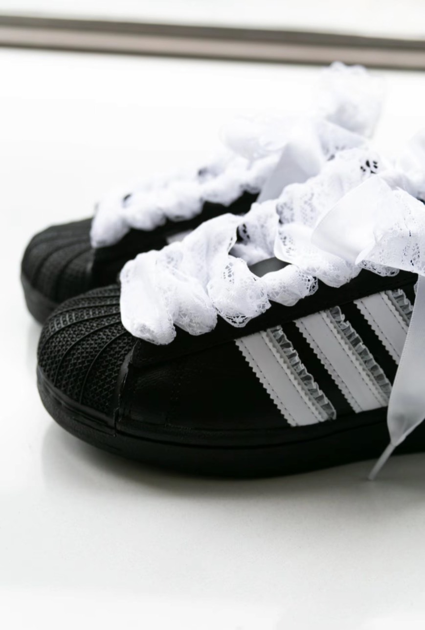 【訂製鞋款】Adidas originals SUPERSTAR 慵懶 蕾絲 貝殼鞋 黑白 休閒鞋 EG4959(Team562-慵懶少女)