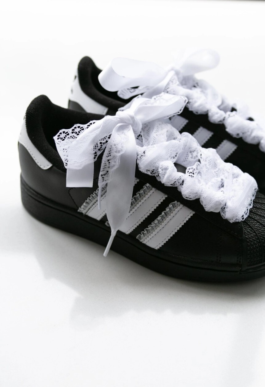 【訂製鞋款】Adidas originals SUPERSTAR 慵懶 蕾絲 貝殼鞋 黑白 休閒鞋 EG4959(Team562-慵懶少女)