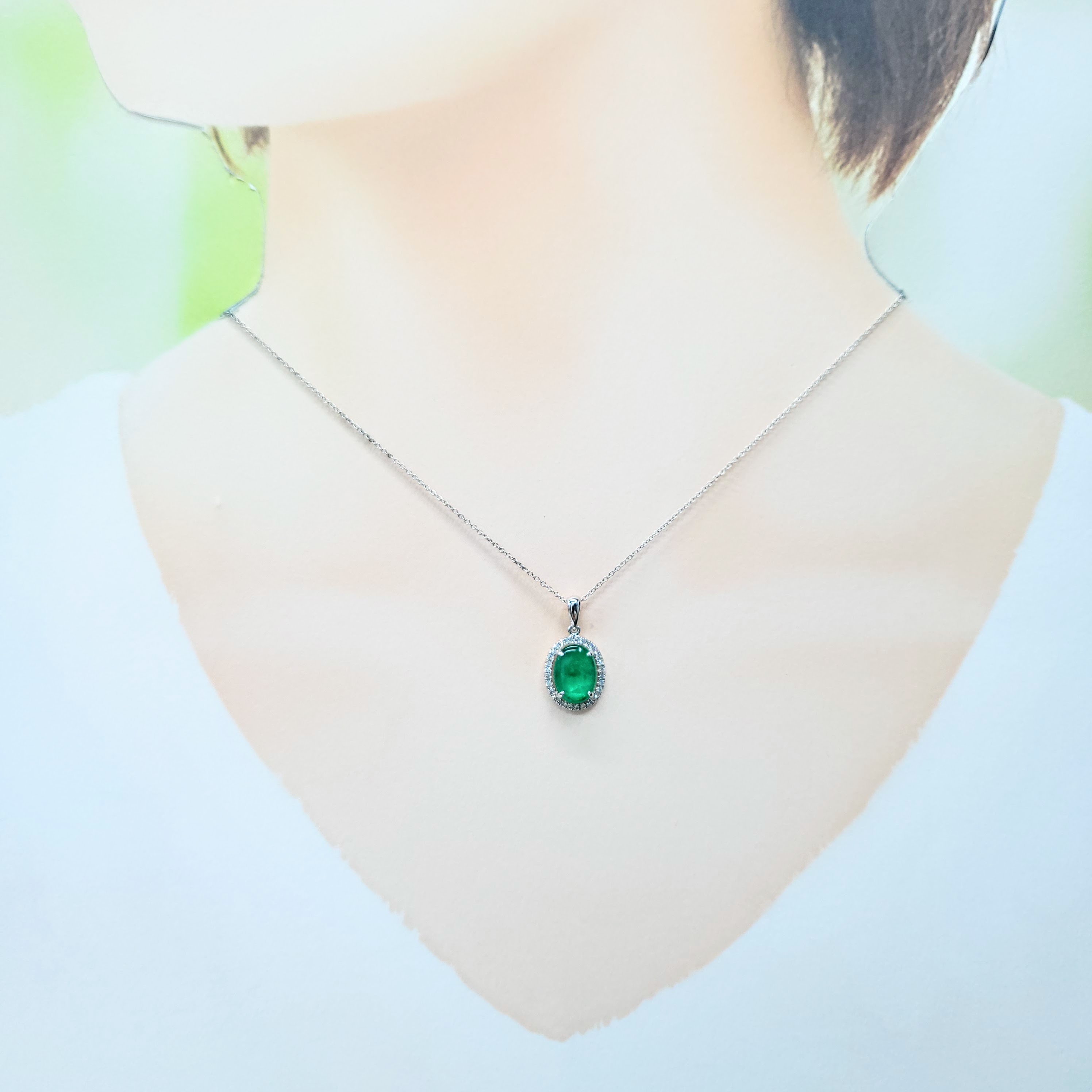 18K White Gold 1.29ct Emerald and Diamond Pendant