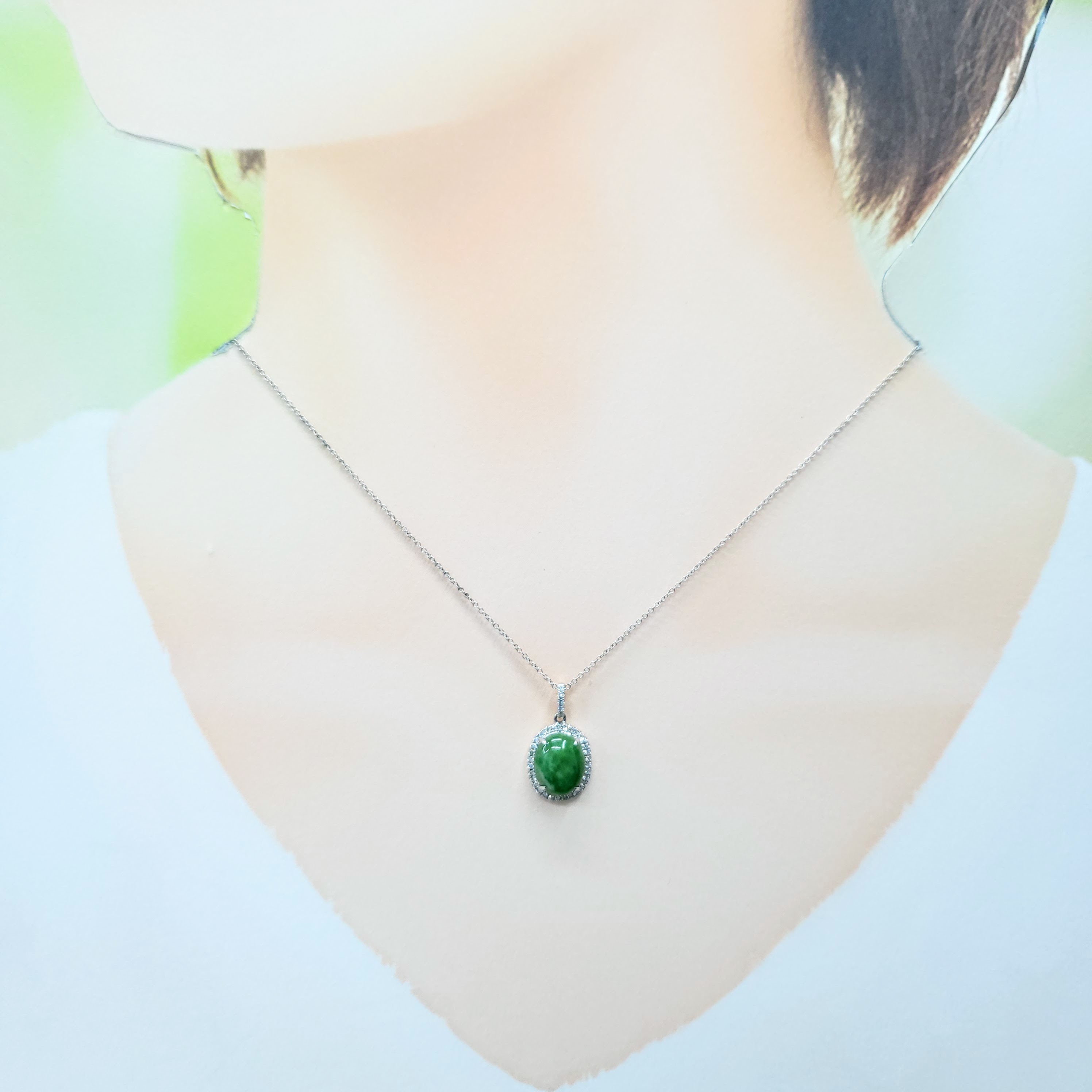 18K White Gold Jade and 0.14ct Diamond Pendant