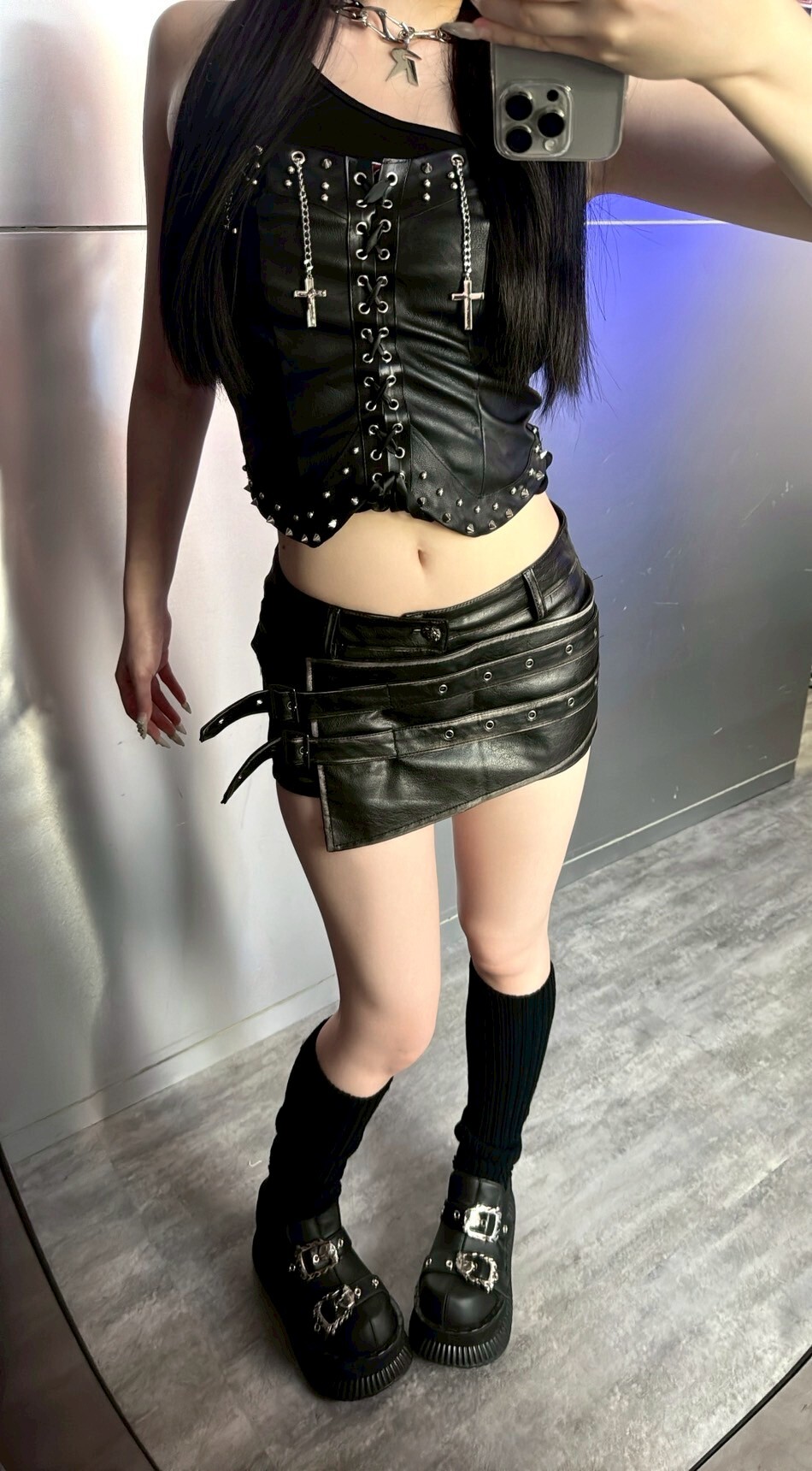 刷舊雙皮帶皮褲裙