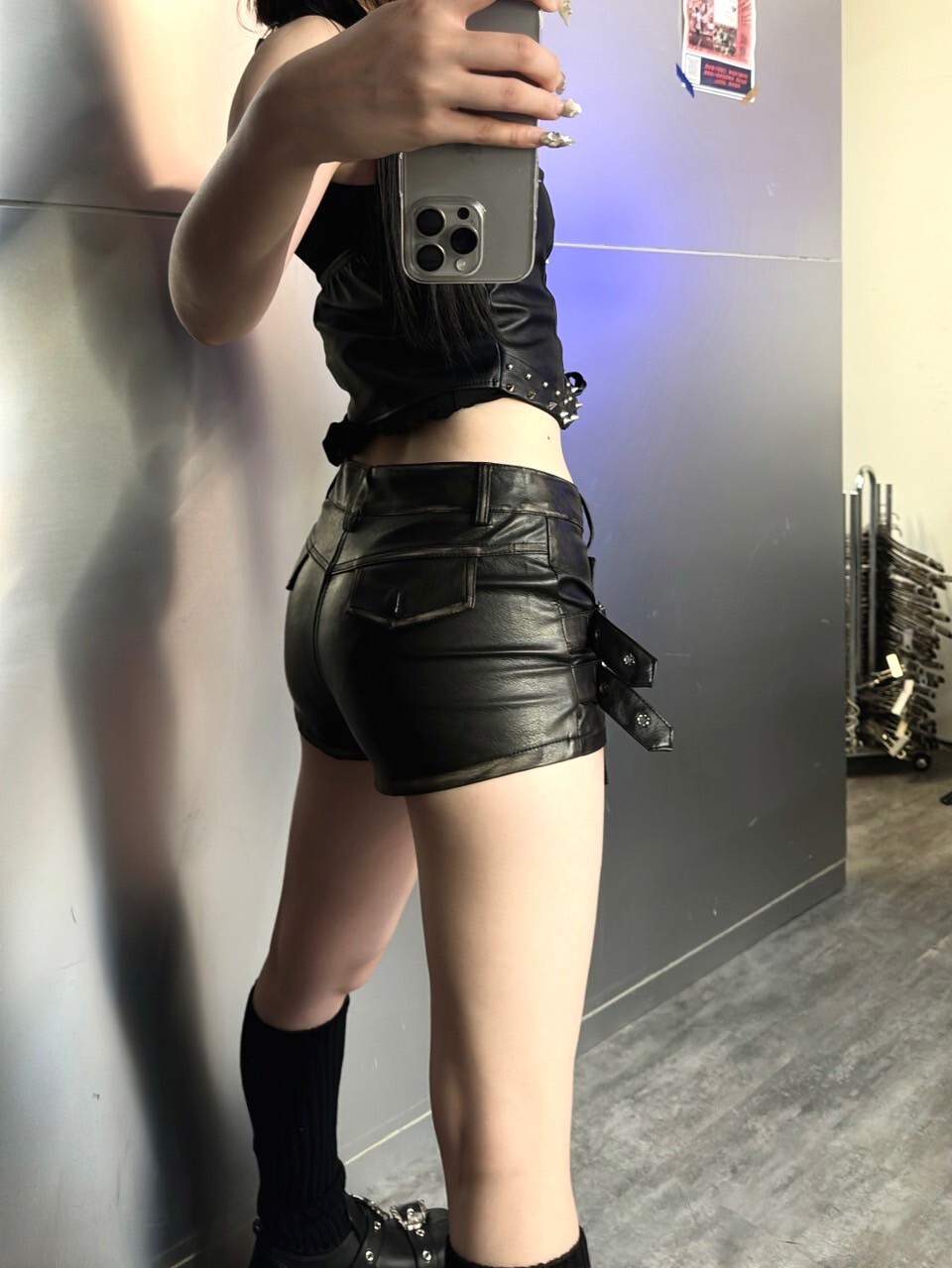 刷舊雙皮帶皮褲裙