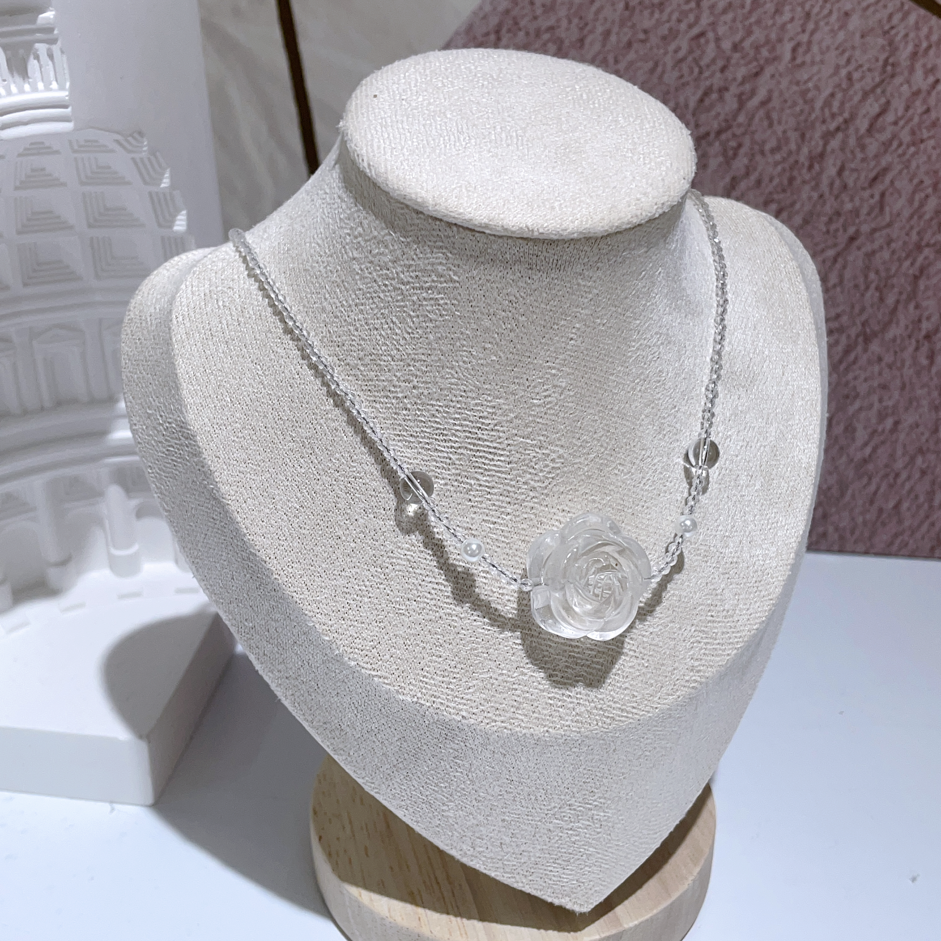 💛$120@2 白水晶山茶花頸鏈 45-50cm