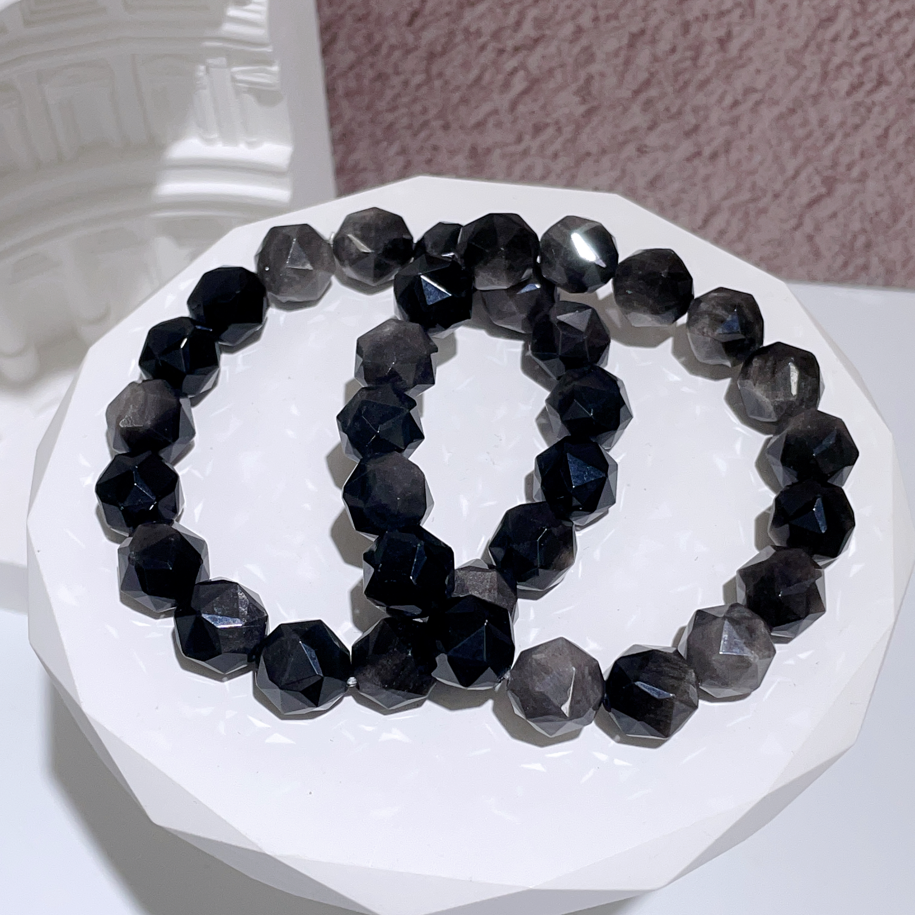 銀曜石鑽切手串 10+mm