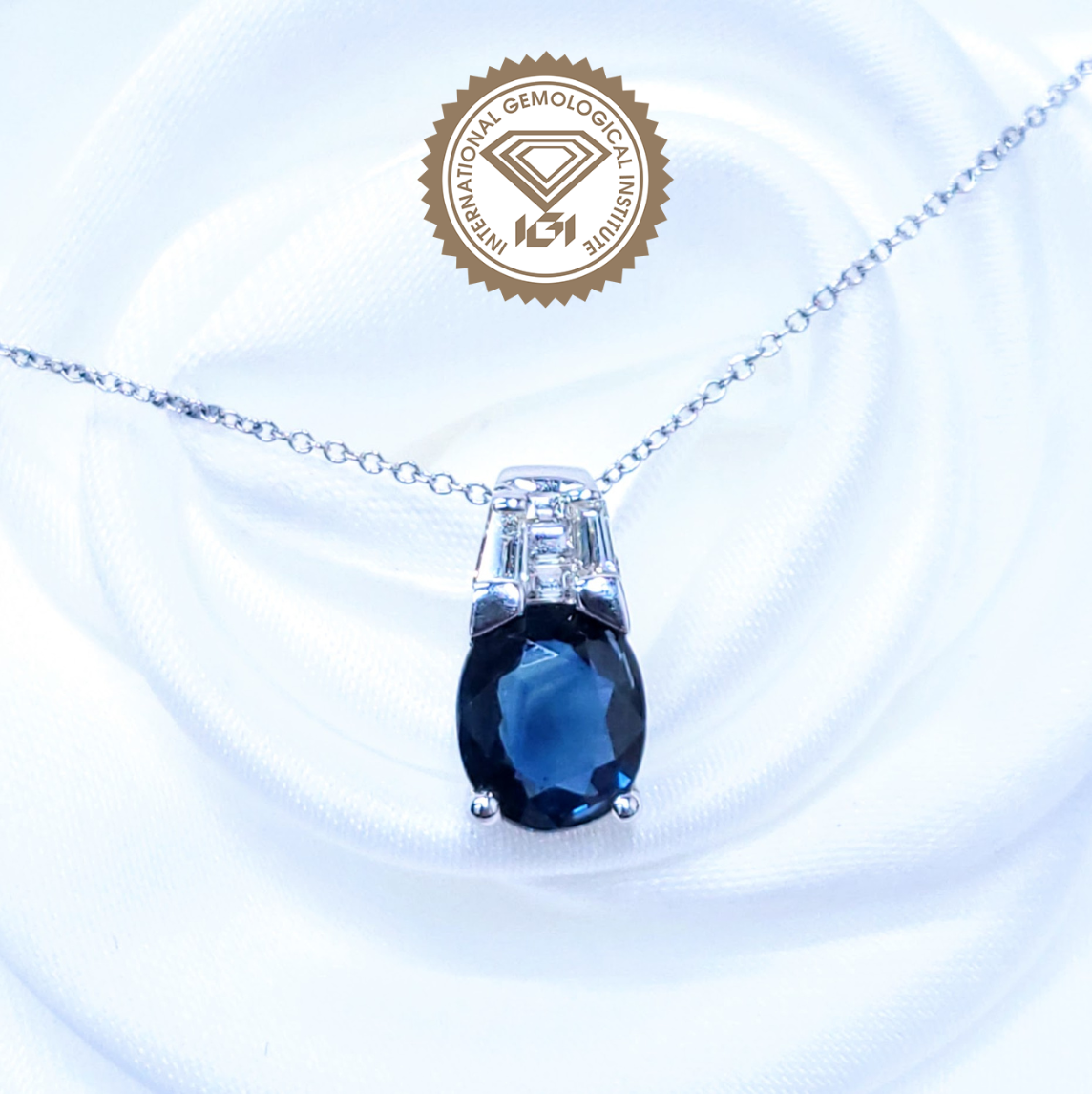 18K White Gold 2.21ct Sapphire and Diamond Pendant