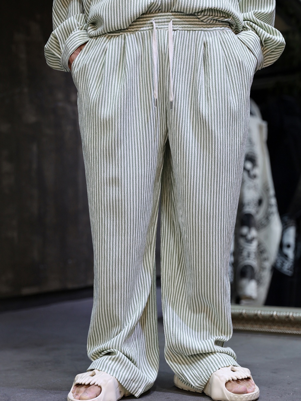 泡泡紗條紋休閒褲