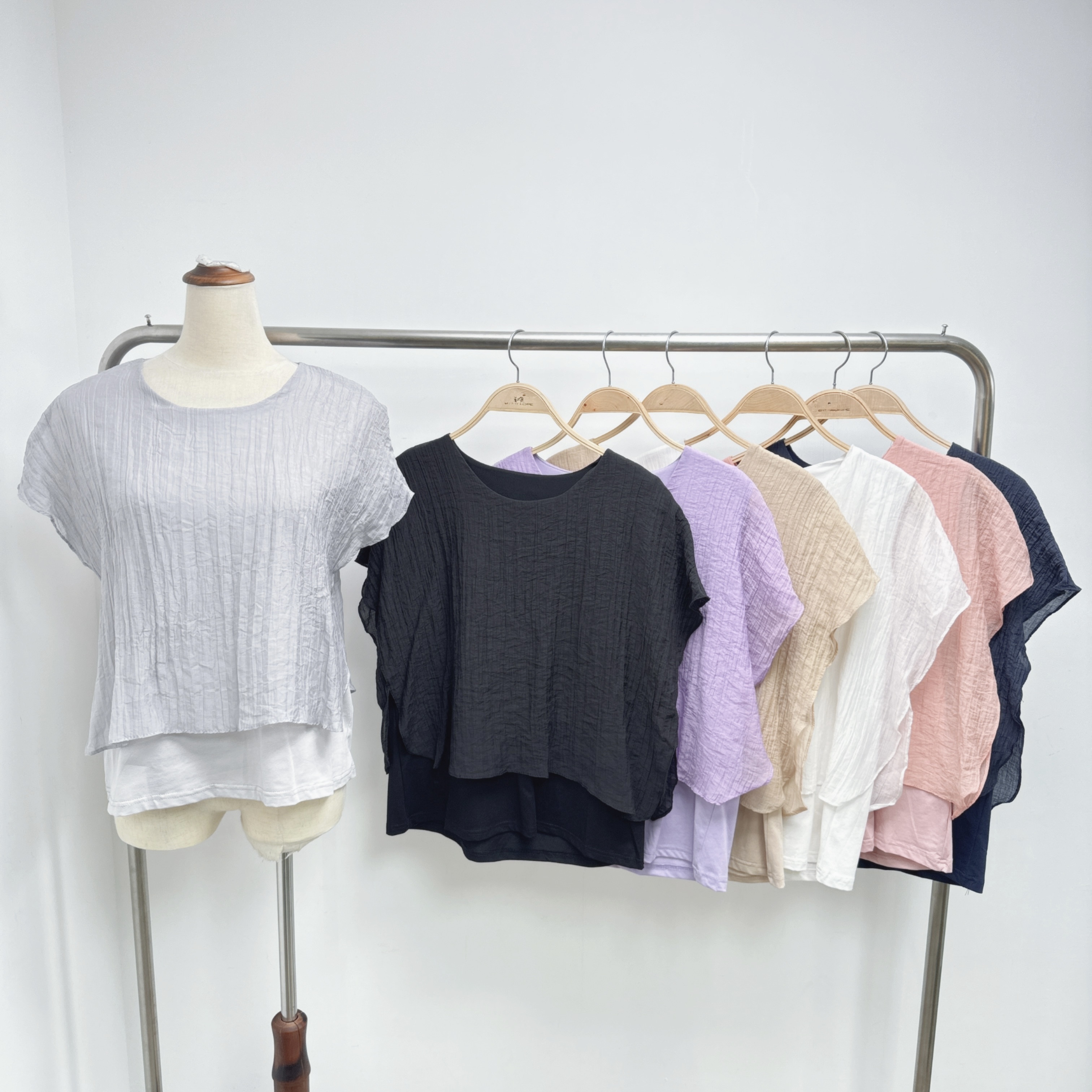 皺皺壓紋拼布假兩件棉TOP (E26-E32)