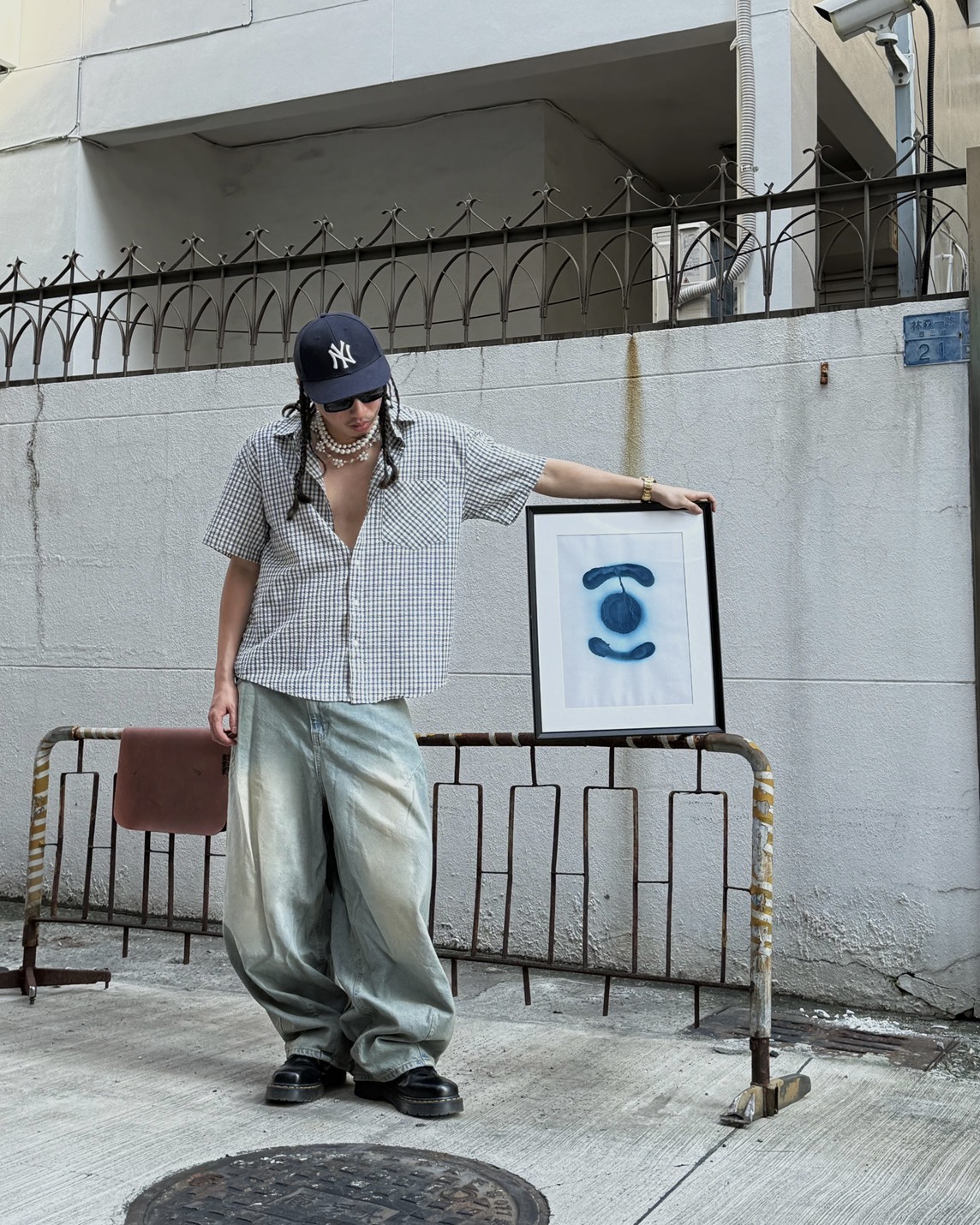 貓鬚雙打褶水洗闊腿褲