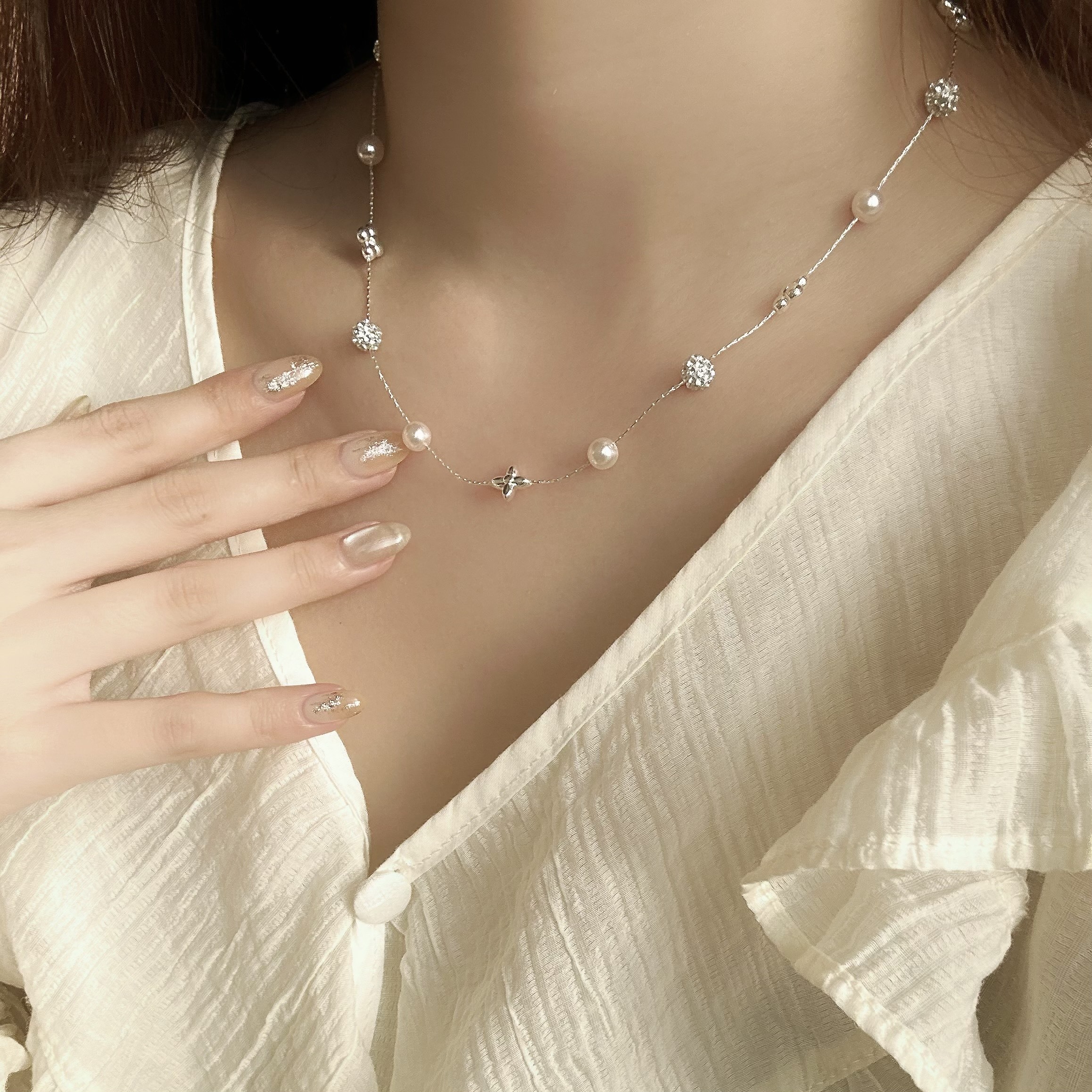 D59珍珠鑽球四葉草頸鏈