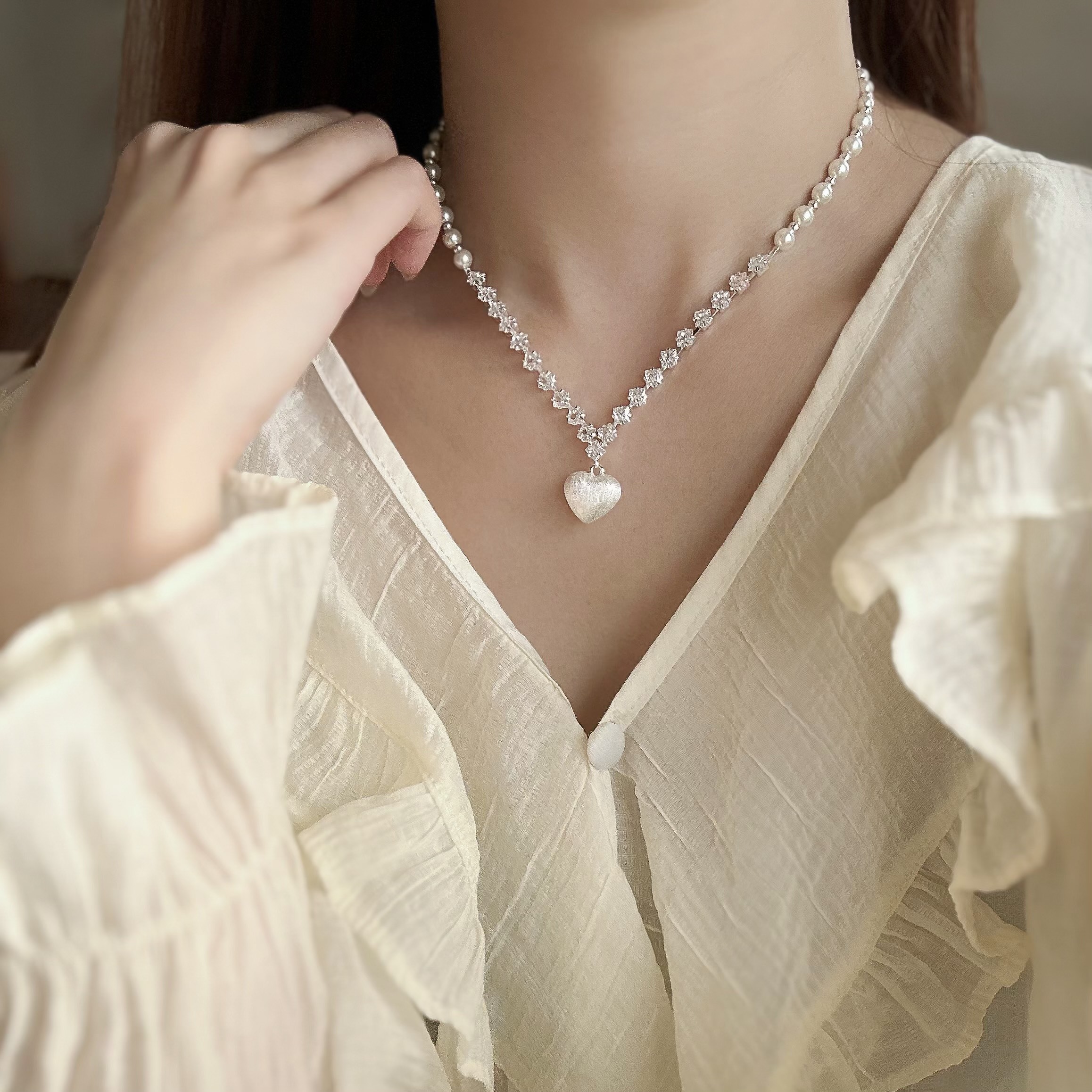 D55珍珠鑽拉絲愛心頸鍊