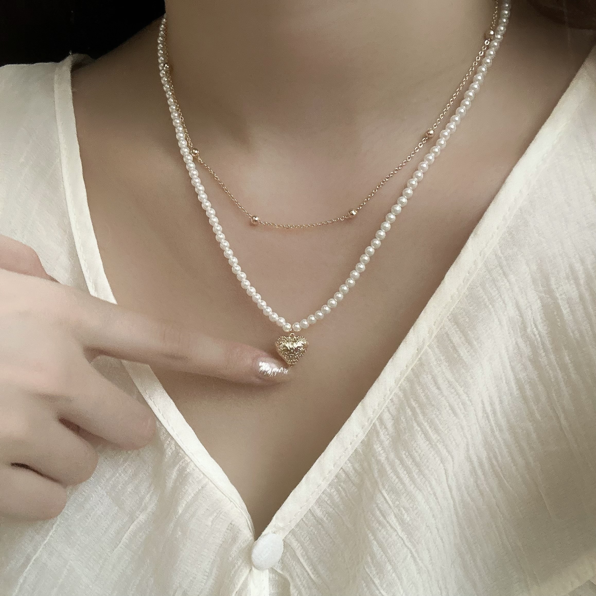 D53珍珠雙層愛心頸鍊