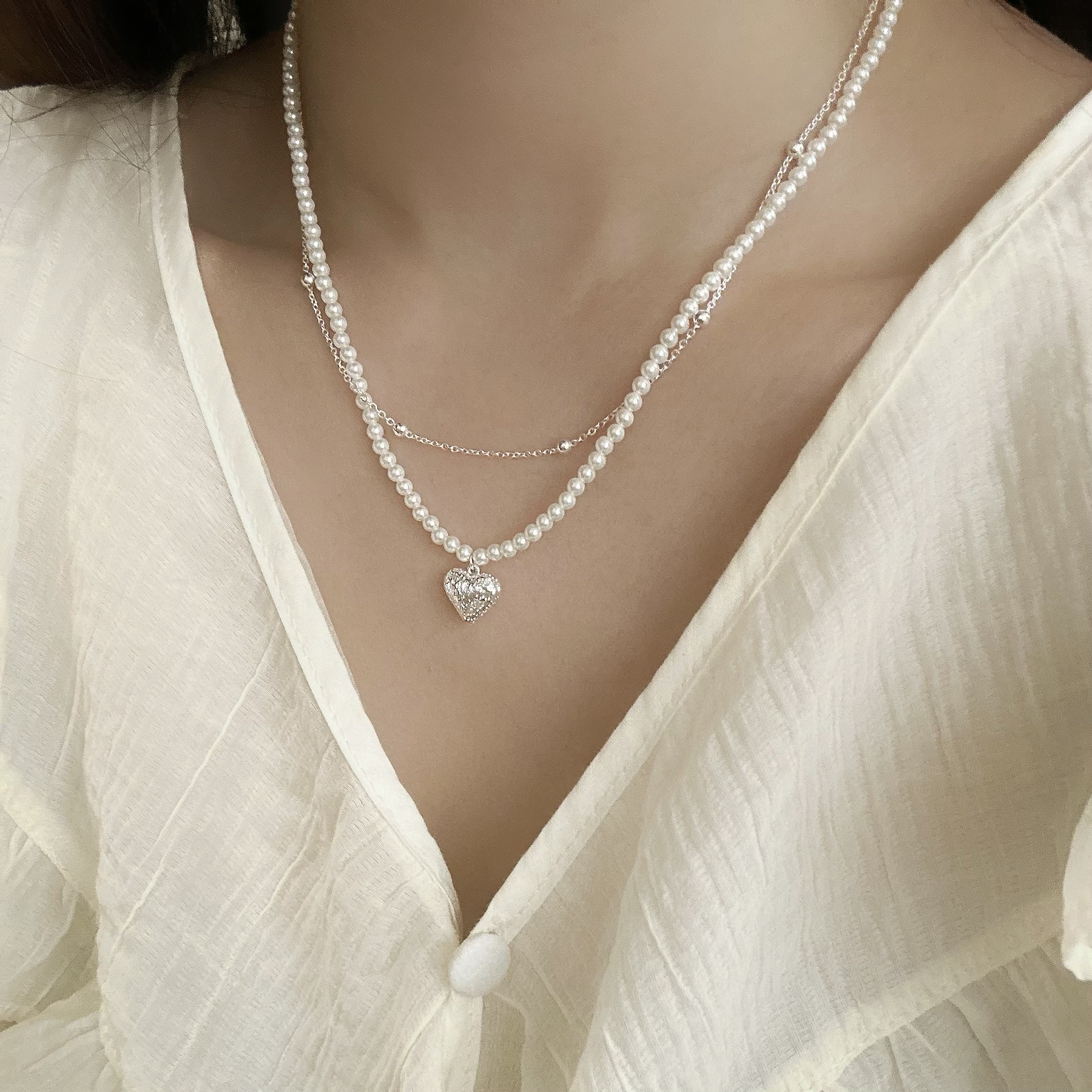 D53珍珠雙層愛心頸鍊