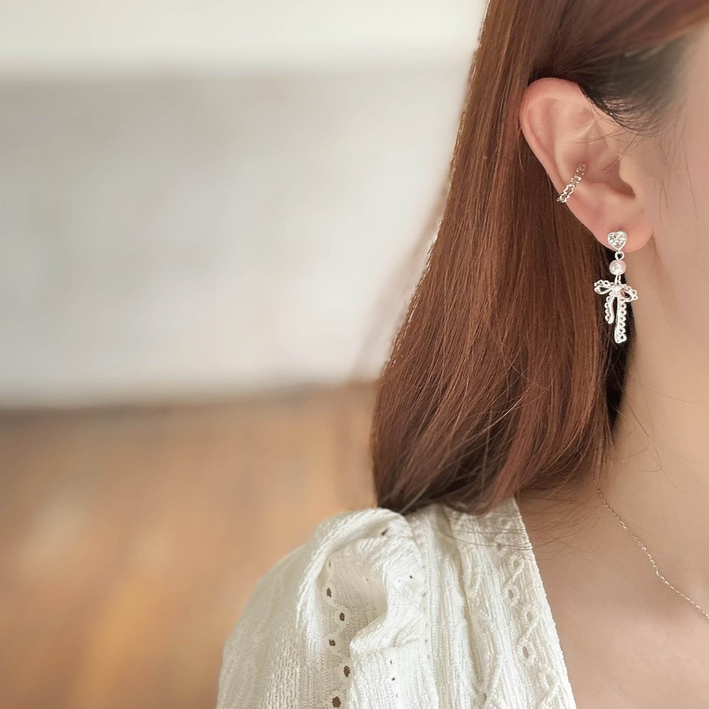 B561愛心珍珠蕾絲蝴蝶結垂吊