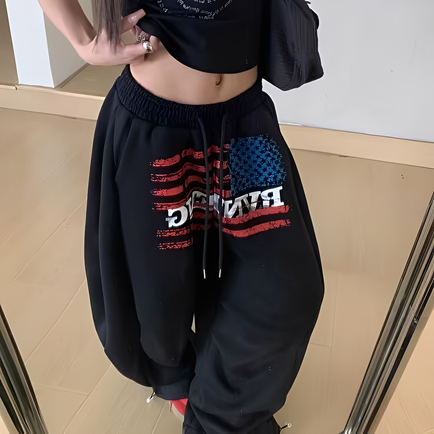 美式 復古 國旗 彎刀 棉褲