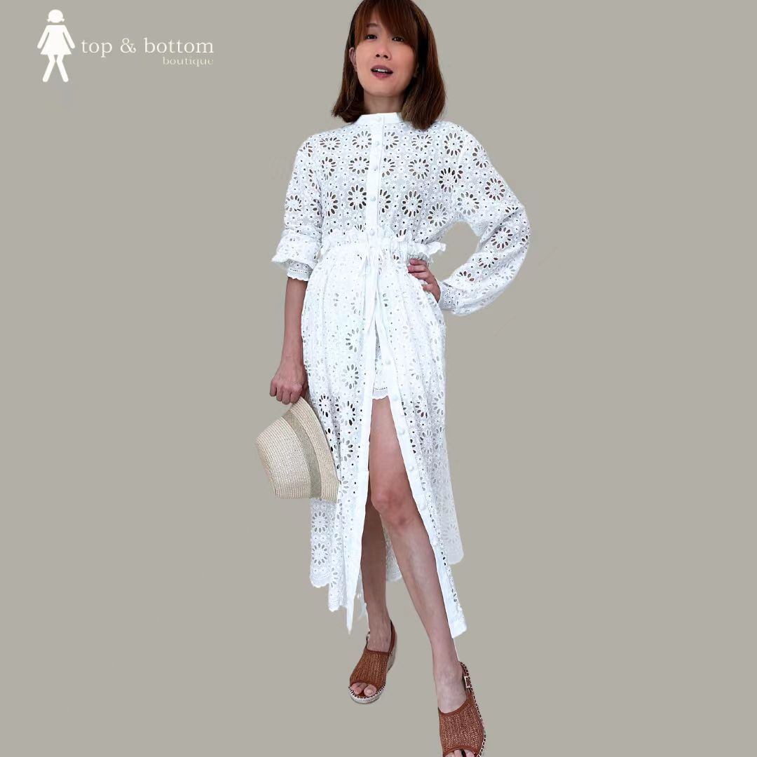 LONG SLEEVE TIE-WAISTED COTTON LACE LONG BLOUSE