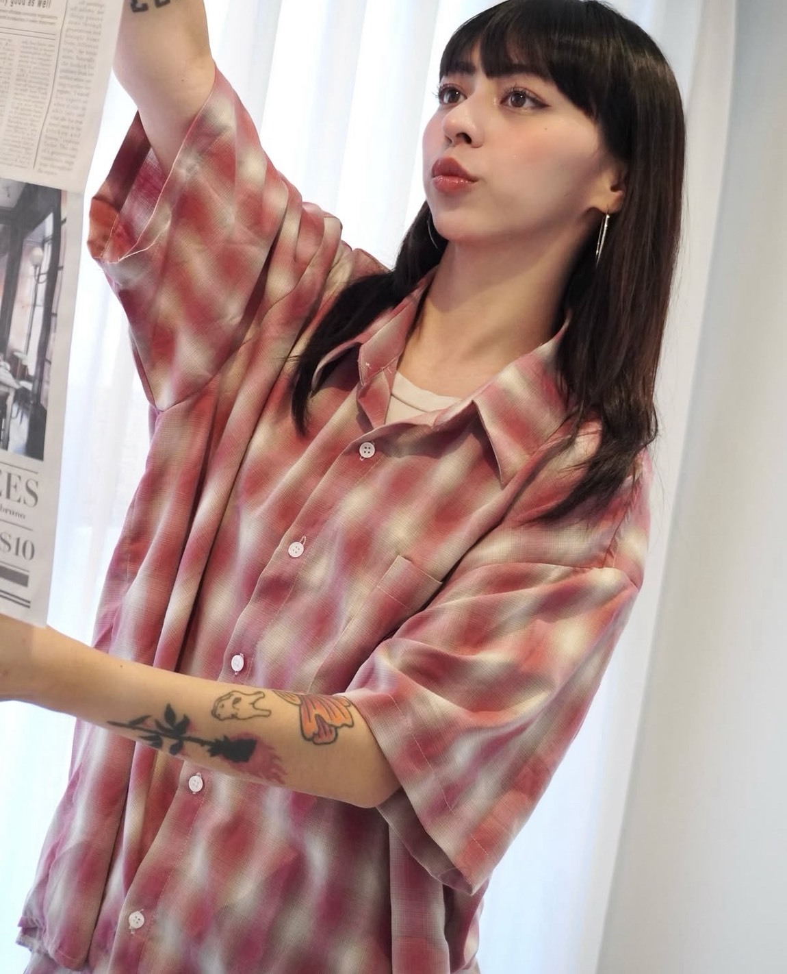 圓標格紋短袖襯衫（藍/紅)