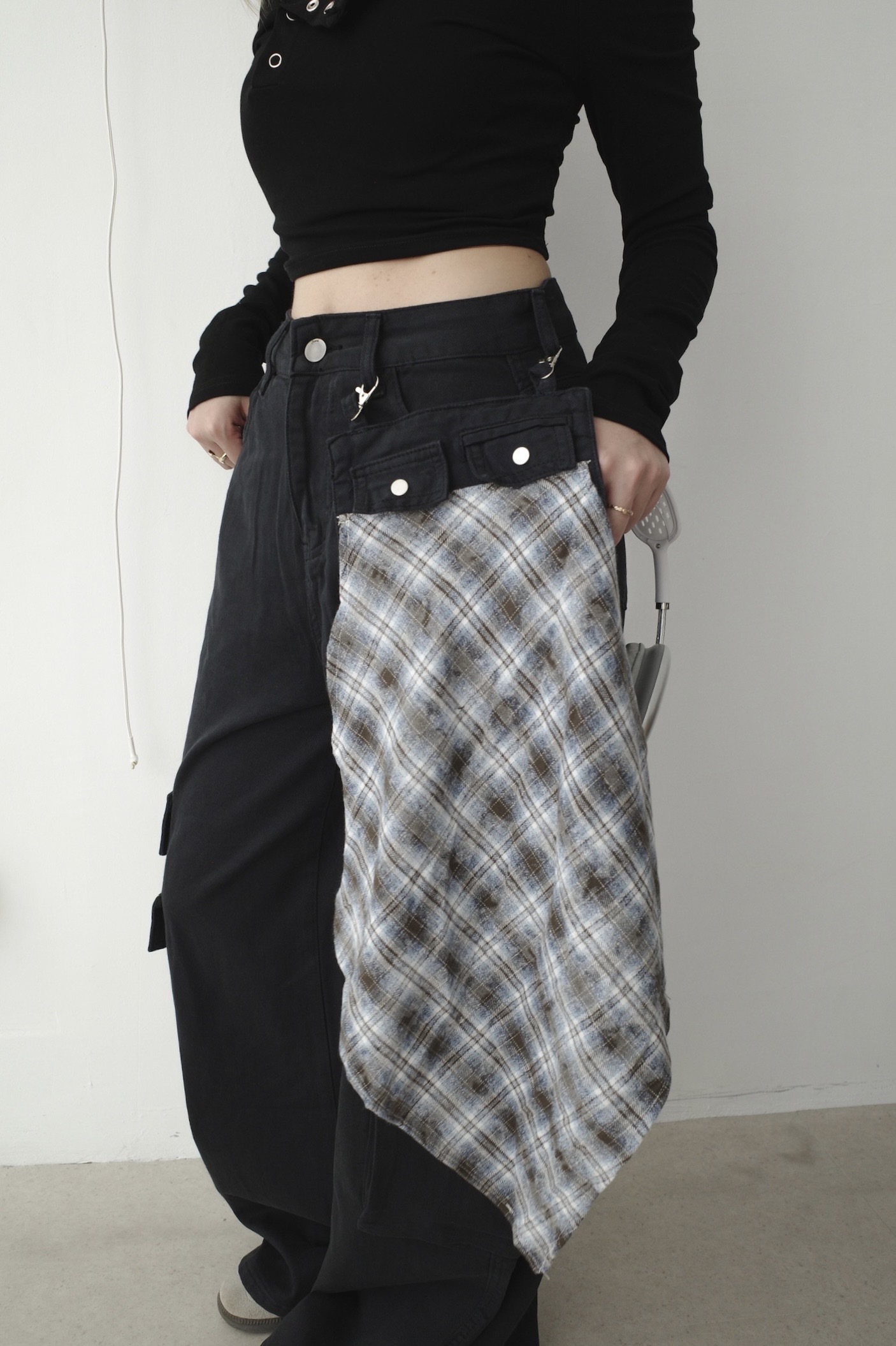 <女裝現貨💗> AG19 造型格紋掛巾工裝直筒寬褲 兩色