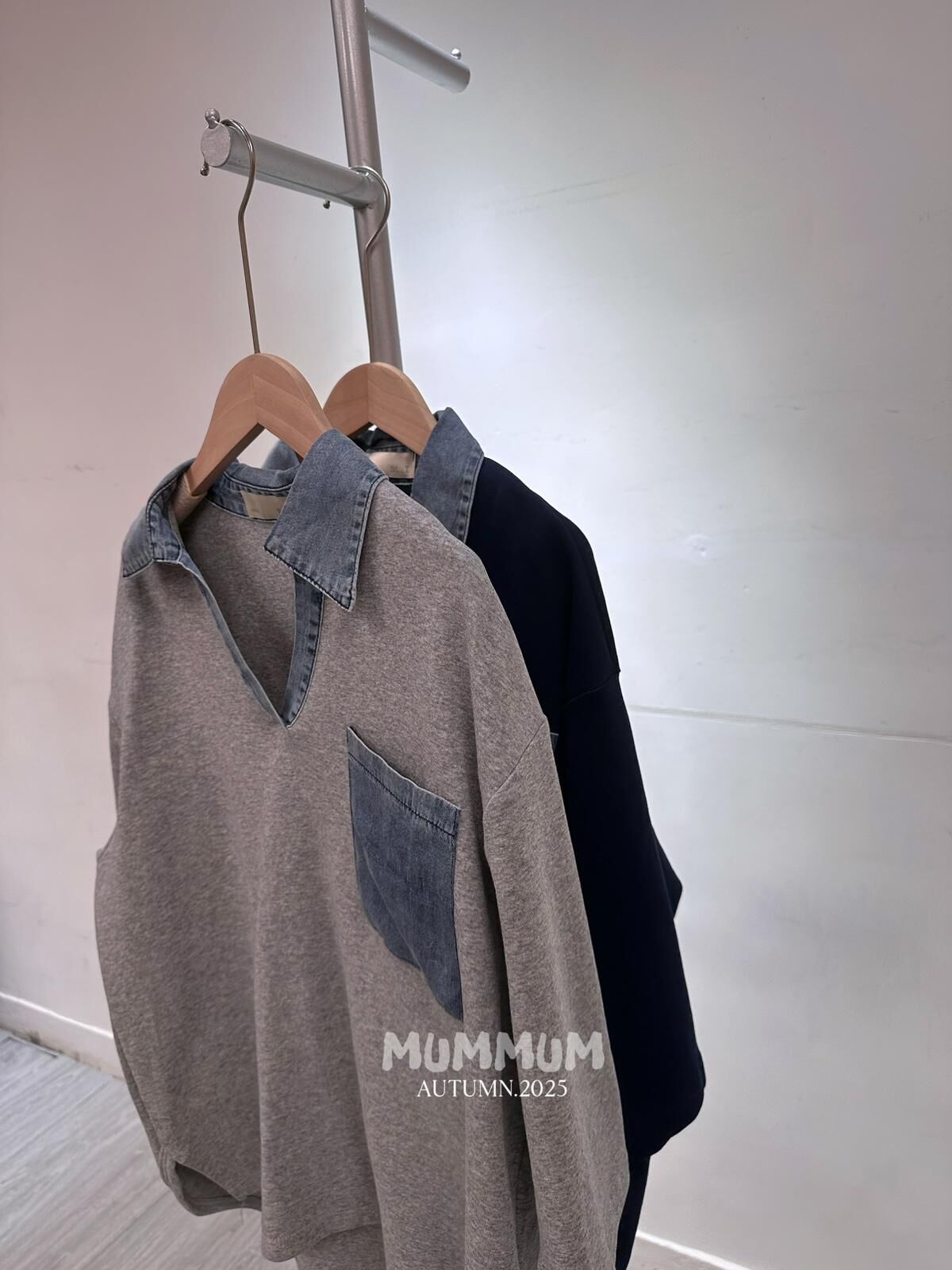 0212632a/韓國秋季牛仔開v領小放鬆恤衫TEE46/46/23-28