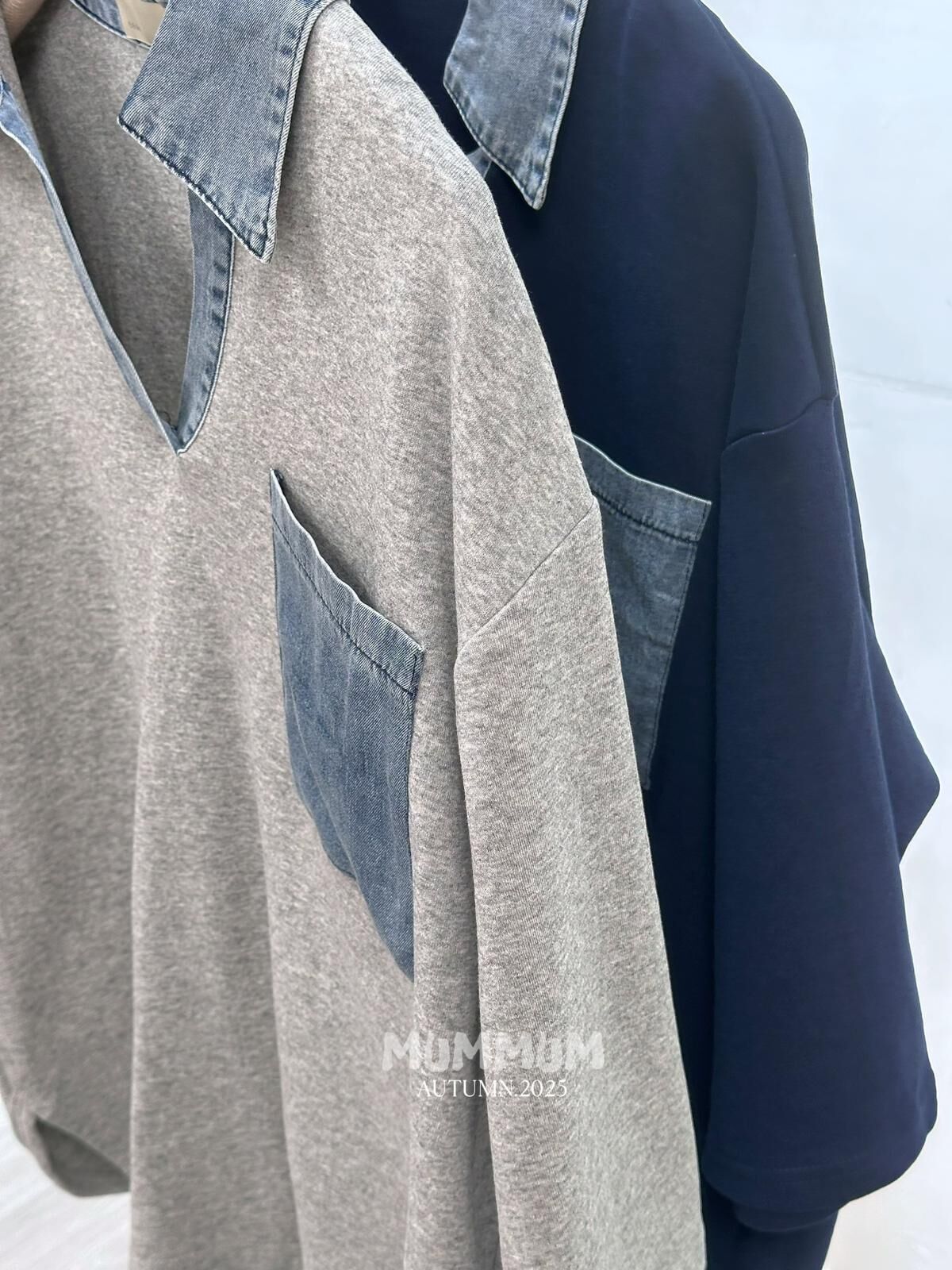 0212632a/韓國秋季牛仔開v領小放鬆恤衫TEE46/46/23-28