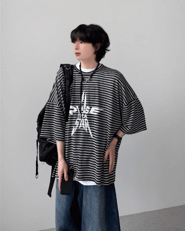 (韓國獨家特價)星星條紋針織寬鬆短袖T恤