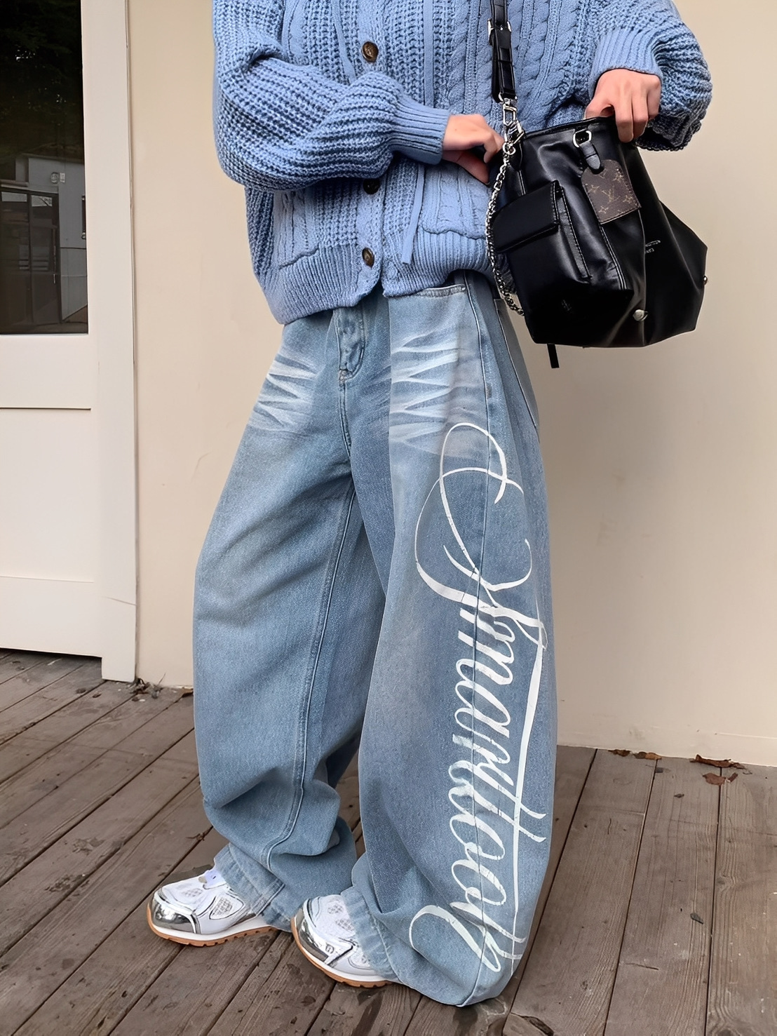 美式 復古 側邊 字母 彎刀 牛仔 長褲