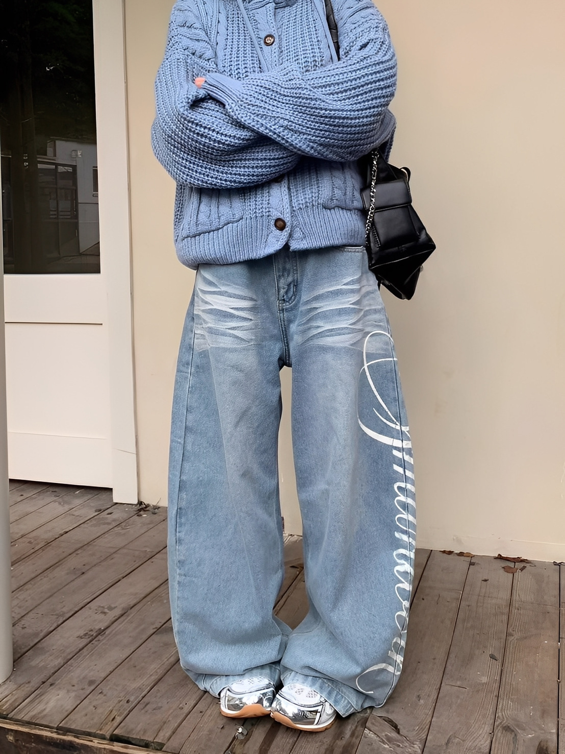 美式 復古 側邊 字母 彎刀 牛仔 長褲