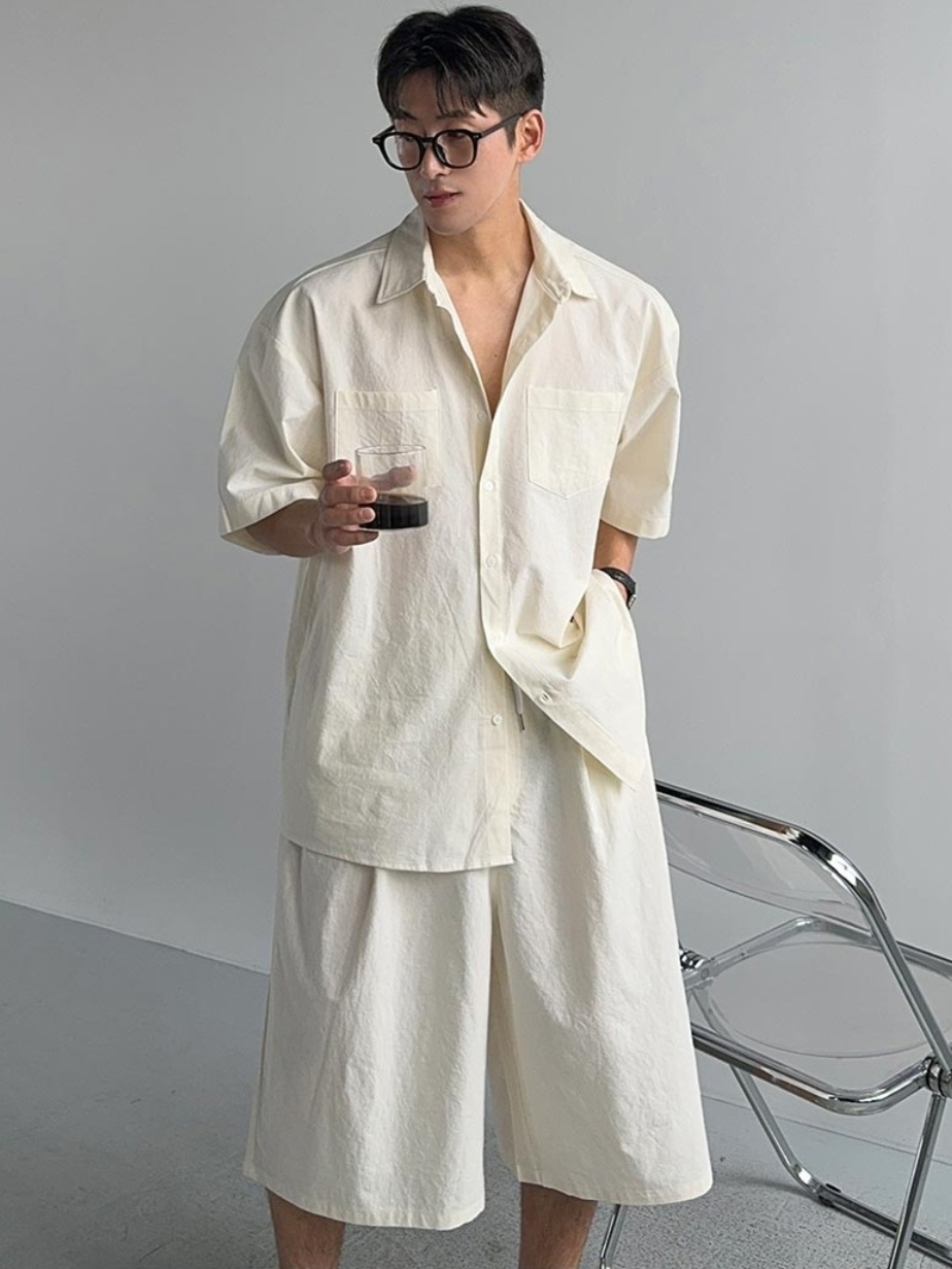 (韓國獨家特價)生物亞麻襯衫+百慕達短褲(一整套)