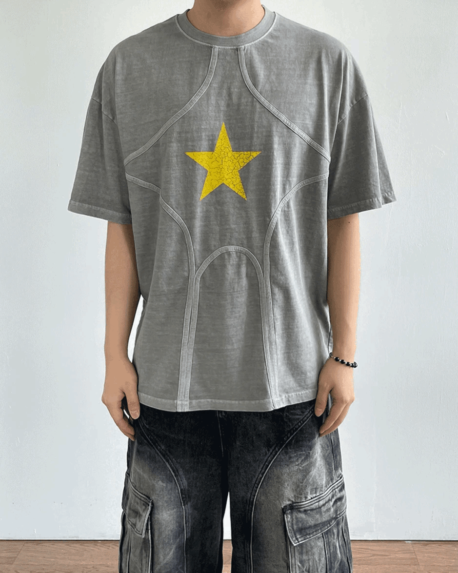 線條補丁顏料星星短袖T恤 BOYNEXTDOOR金雲鶴同款