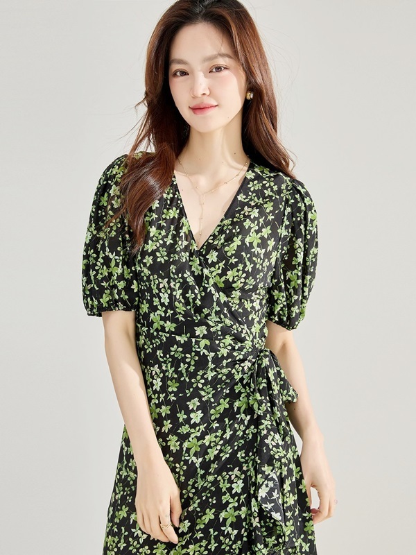 V領綠花雪紡洋裝 綠色