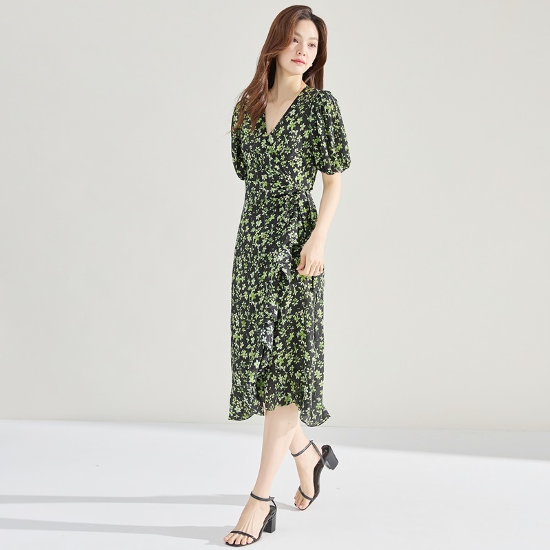 V領綠花雪紡洋裝 綠色