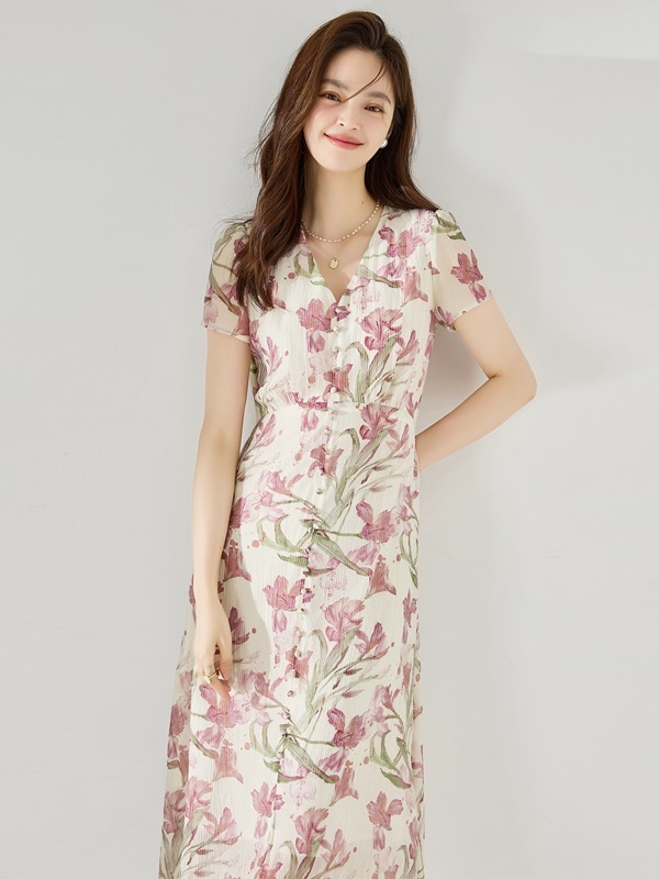 排釦鳶尾花天絲洋裝 粉色