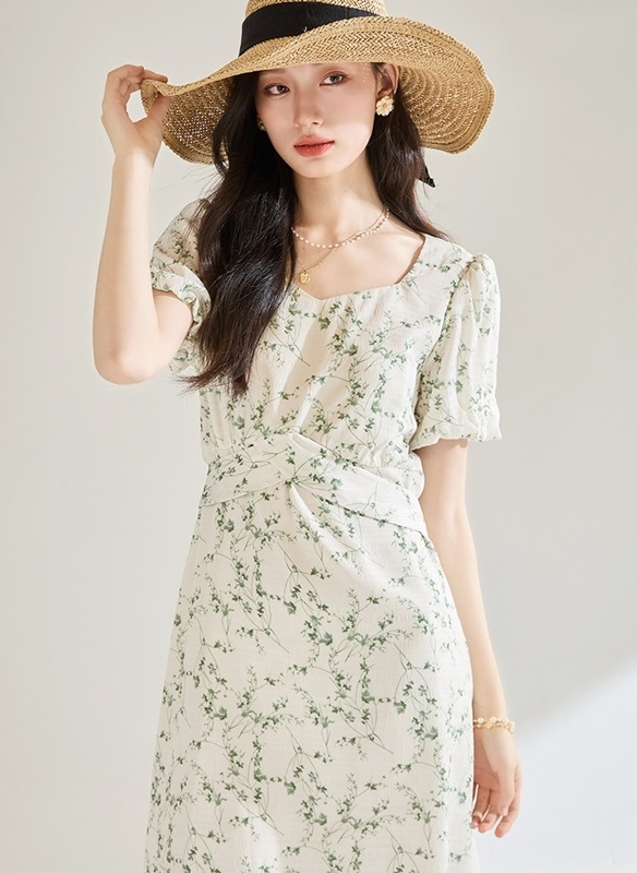 公主袖綠藤印花洋裝 印花