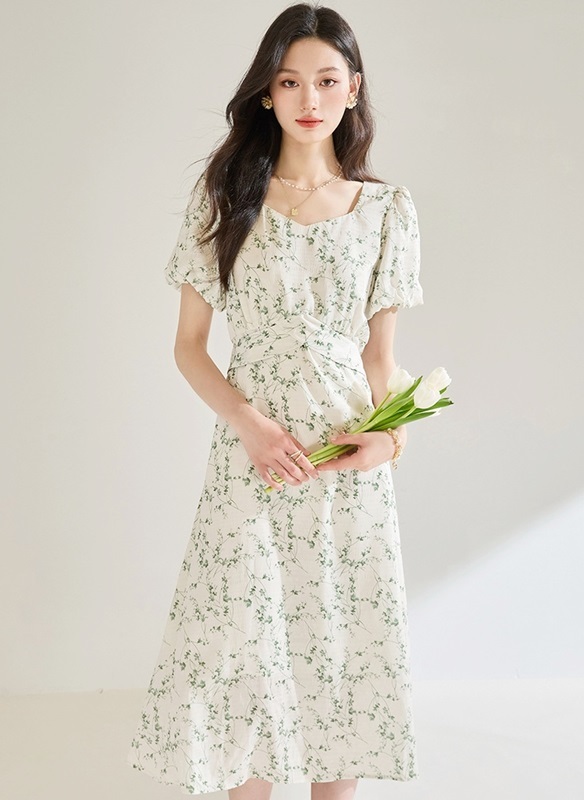 公主袖綠藤印花洋裝 印花