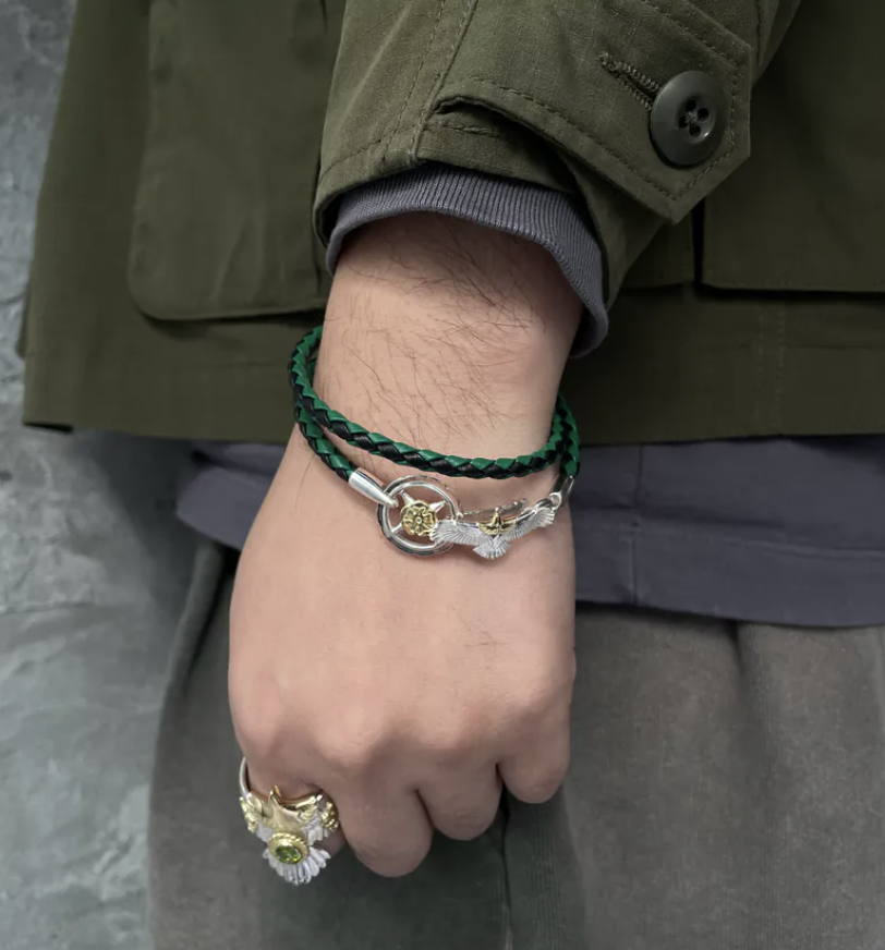 Eg-05金頭點金玫瑰星輪黑綠皮手環