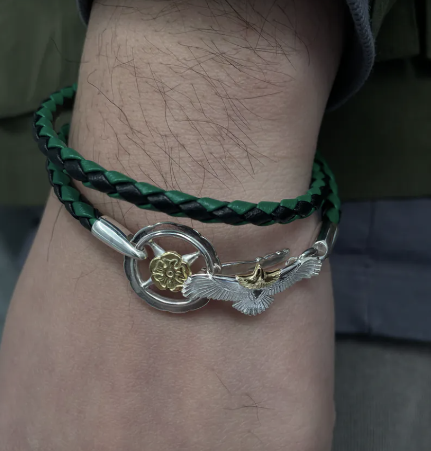 Eg-05金頭點金玫瑰星輪黑綠皮手環