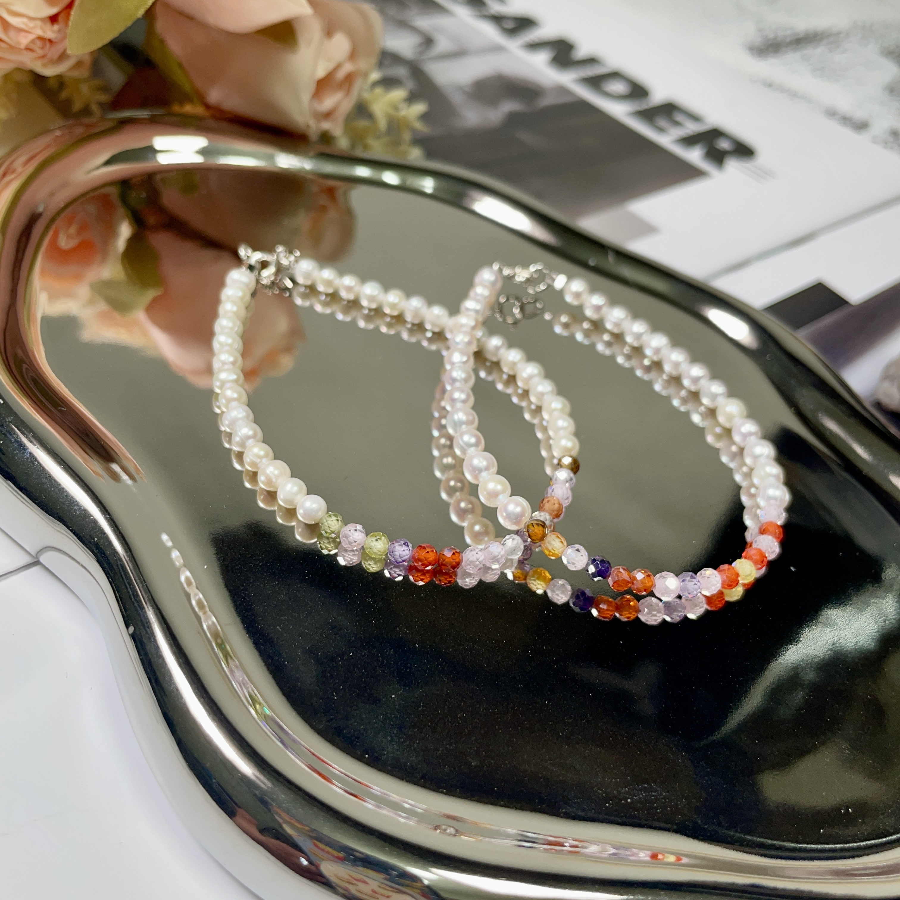 彩尖晶珍珠手鏈925銀