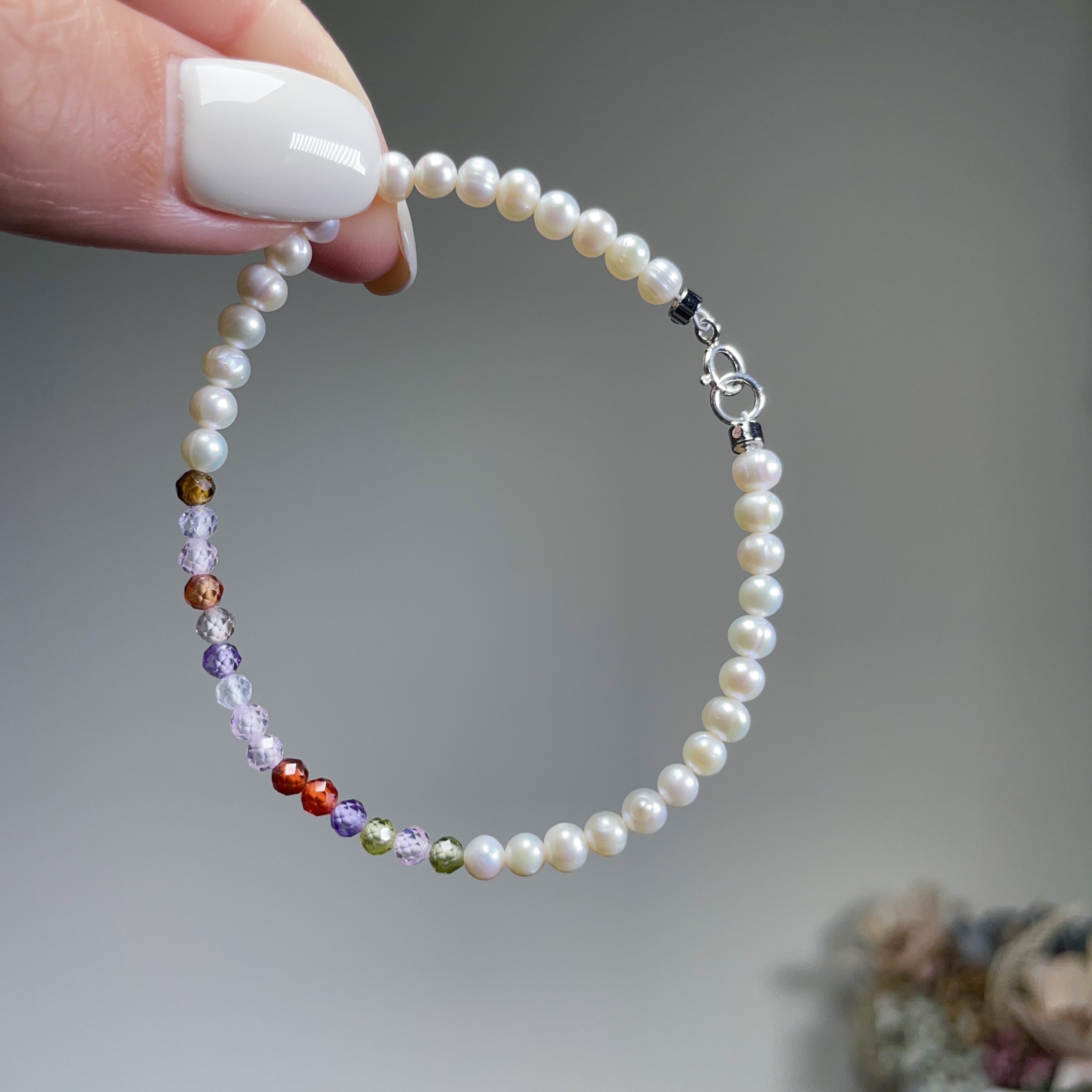 彩尖晶珍珠手鏈925銀