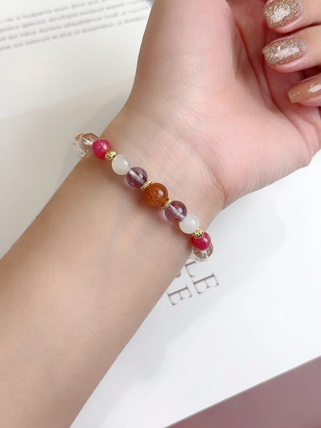 紫水晶+白月光+金太陽+黑髮晶 +白阿賽+薔薇石水晶手鍊