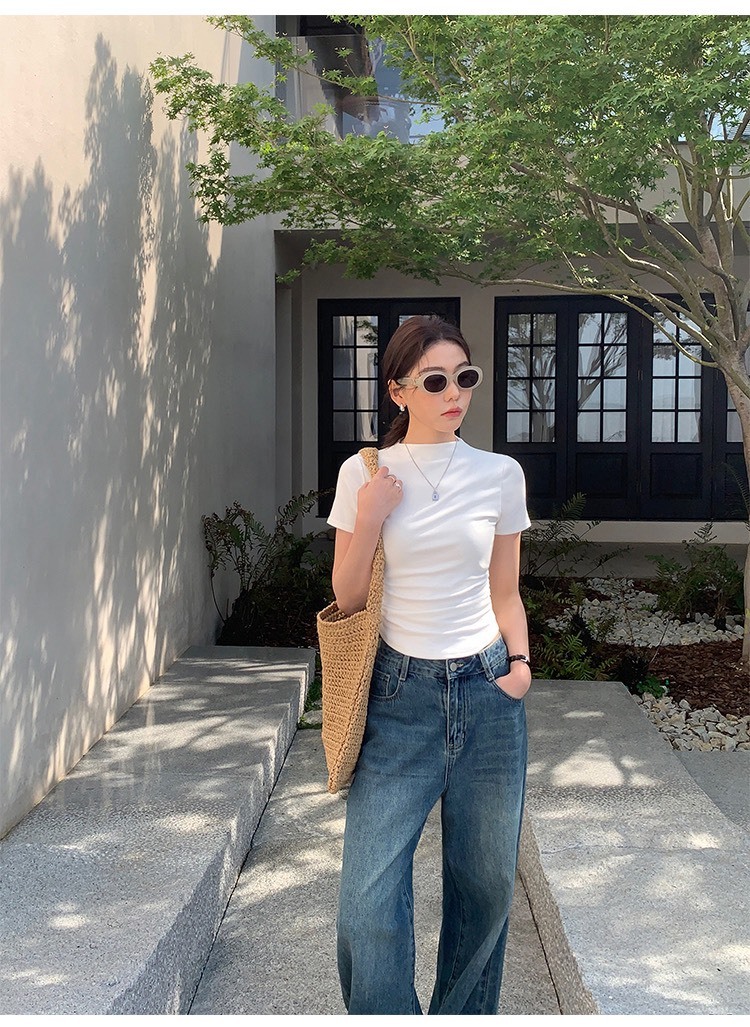 微高領羊絨棉 側抓皺上衣