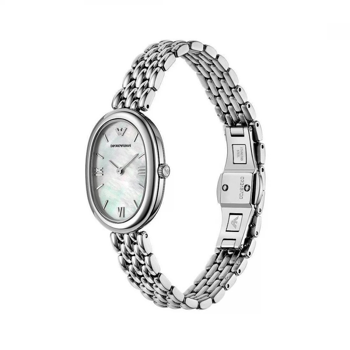 萬年鐘錶 - ARMANI   橢圓月光貝殼面盤簡約指針不鏽鋼女錶 AR11706  錶徑34MM